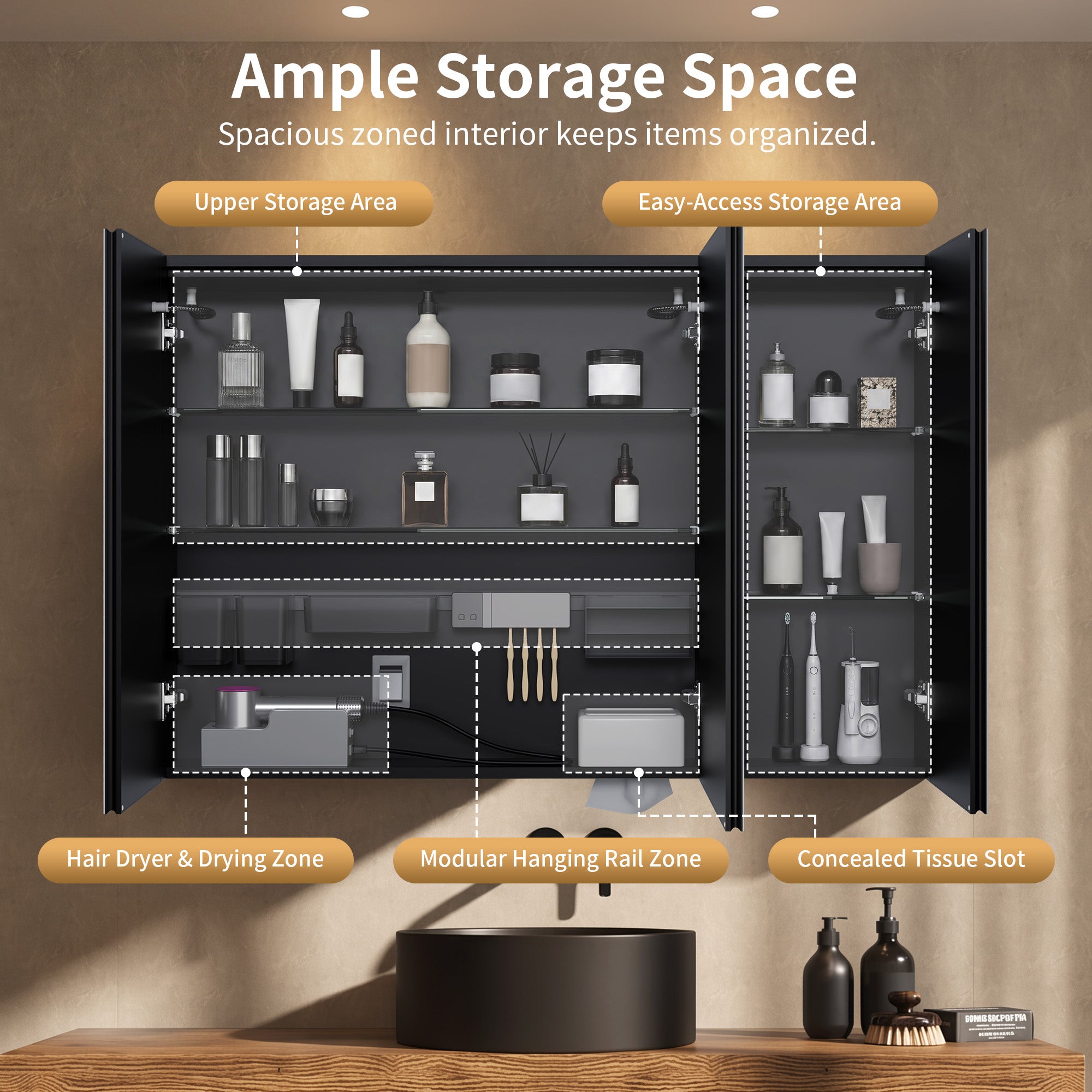 DeerValley Three-Door Wall-Mounted Mirror Cabinet with Black Aluminum Frame and Inner Storage