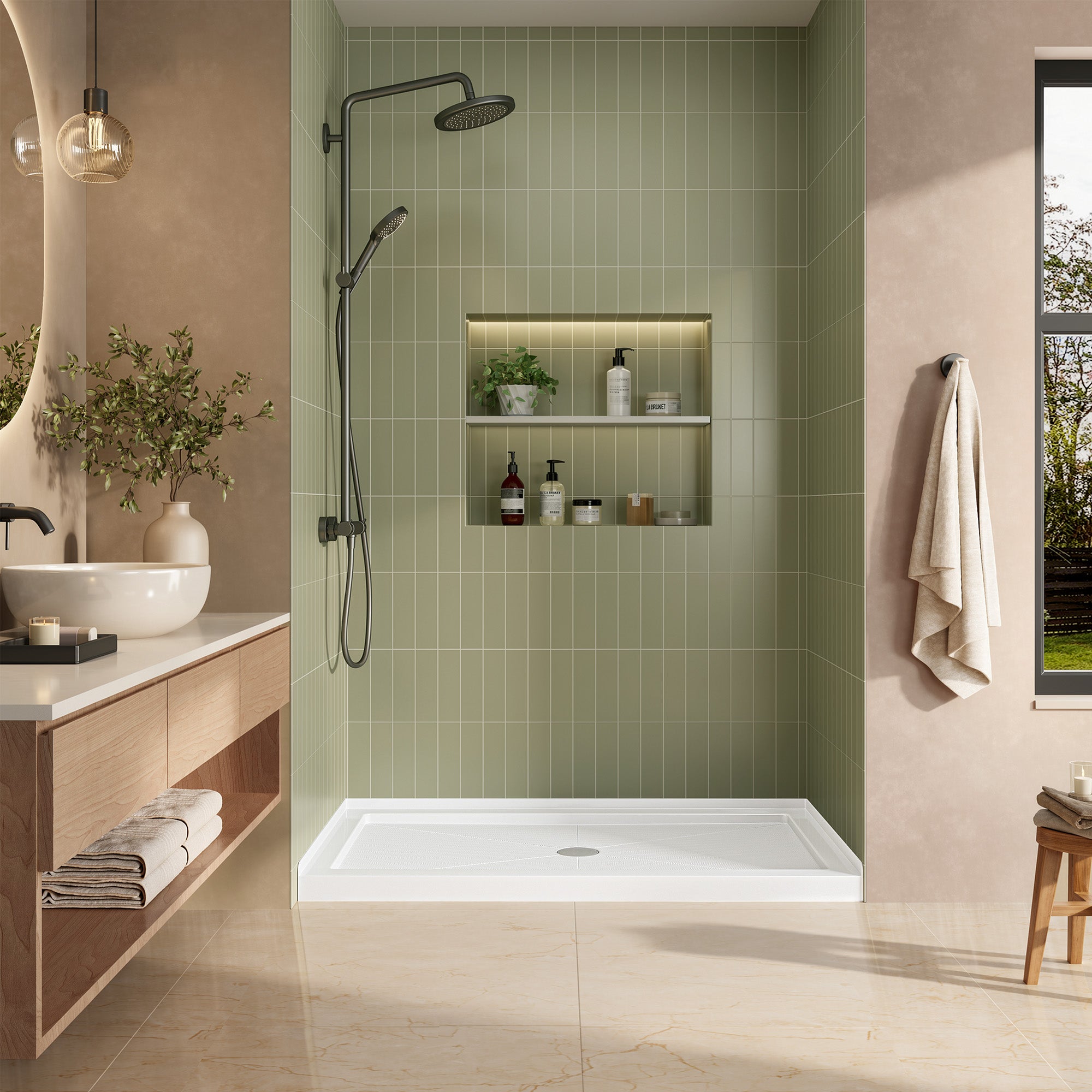 DeerValley DV-1SB0481 Shower Base in White, Acrylic Single Threshold Shower Pan with Non-Slip Texture, Center Drain Hole