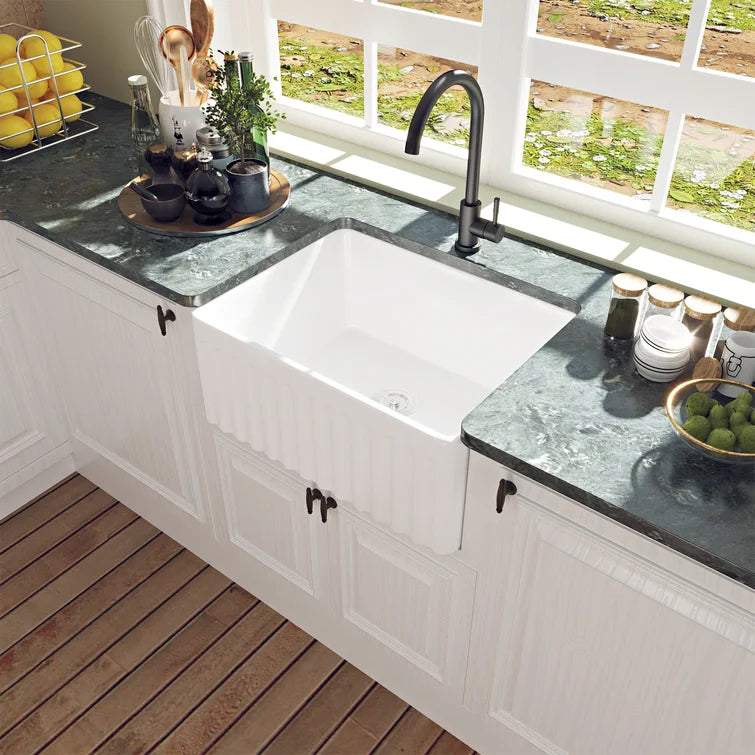 DeerValley Bath DeerValley DV-1K022 Perch 24" L x 17" W Ceramic White Farmhouse Kitchen Sink Single Bowl with Reversible Front Apron Kitchen Sink