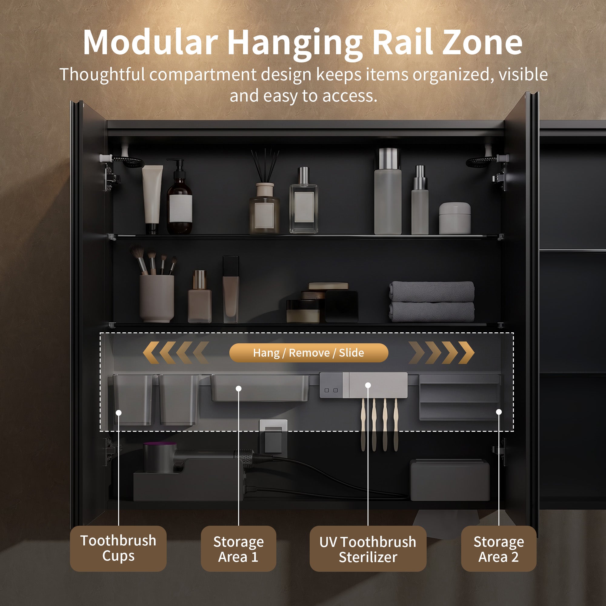 DeerValley Three-Door Wall-Mounted Mirror Cabinet with Black Aluminum Frame and Inner Storage