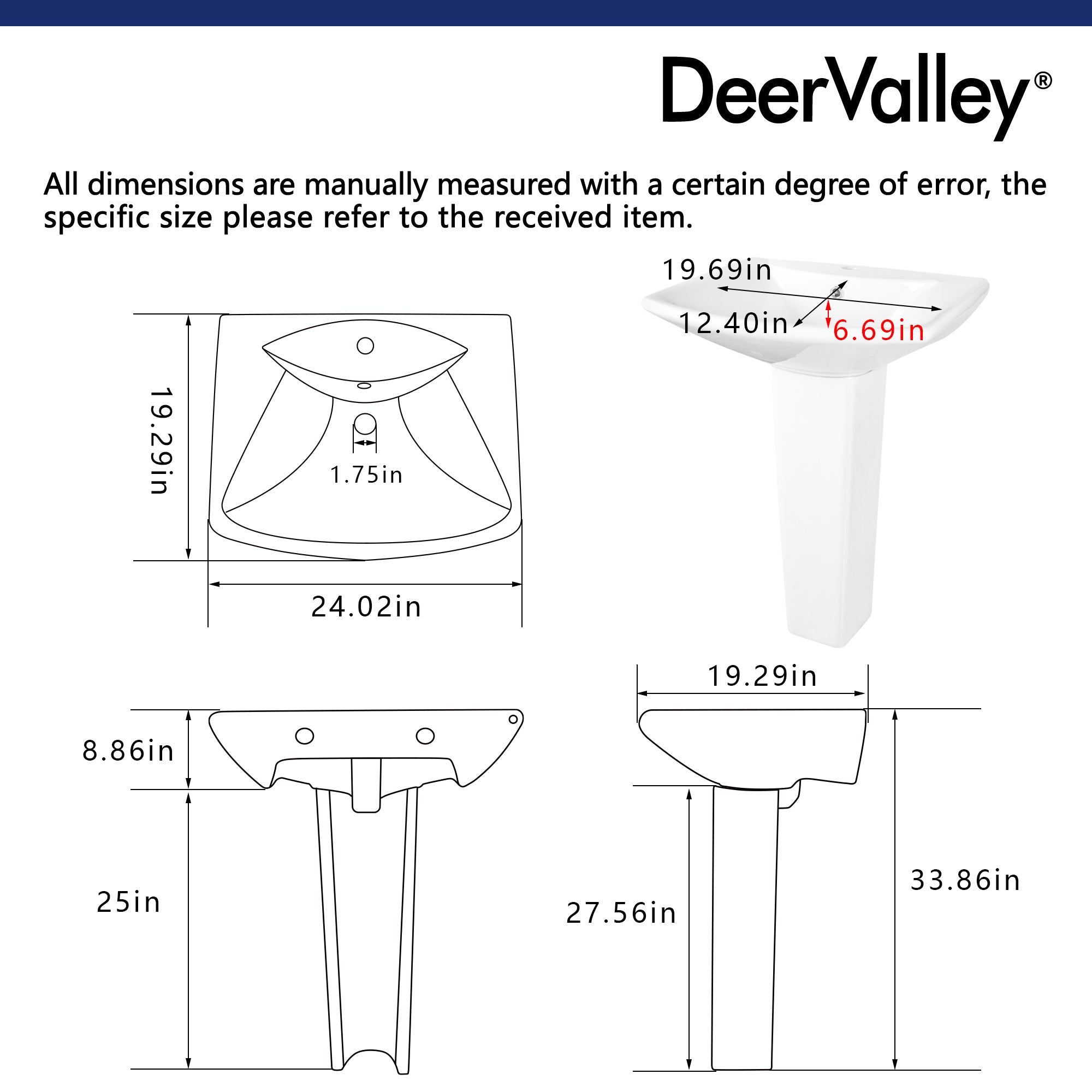 APEX 33.8" Rectangular Pedestal Bathroom Sink, Single Faucet Holes