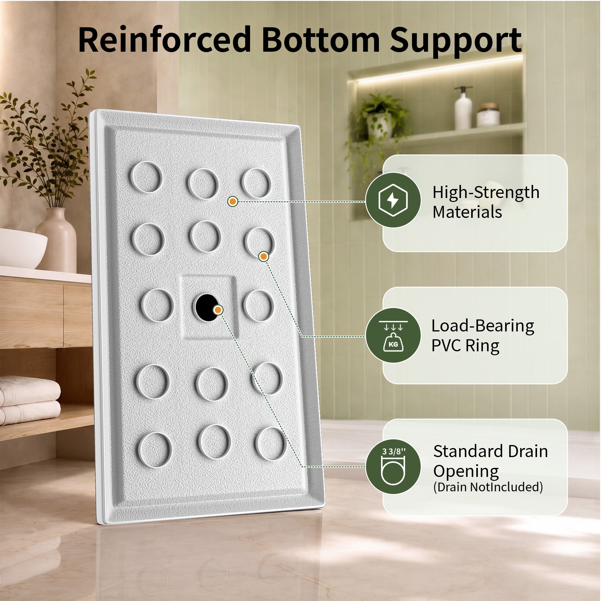 DeerValley DV-1SB0481 Shower Base in White, Acrylic Single Threshold Shower Pan with Non-Slip Texture, Center Drain Hole