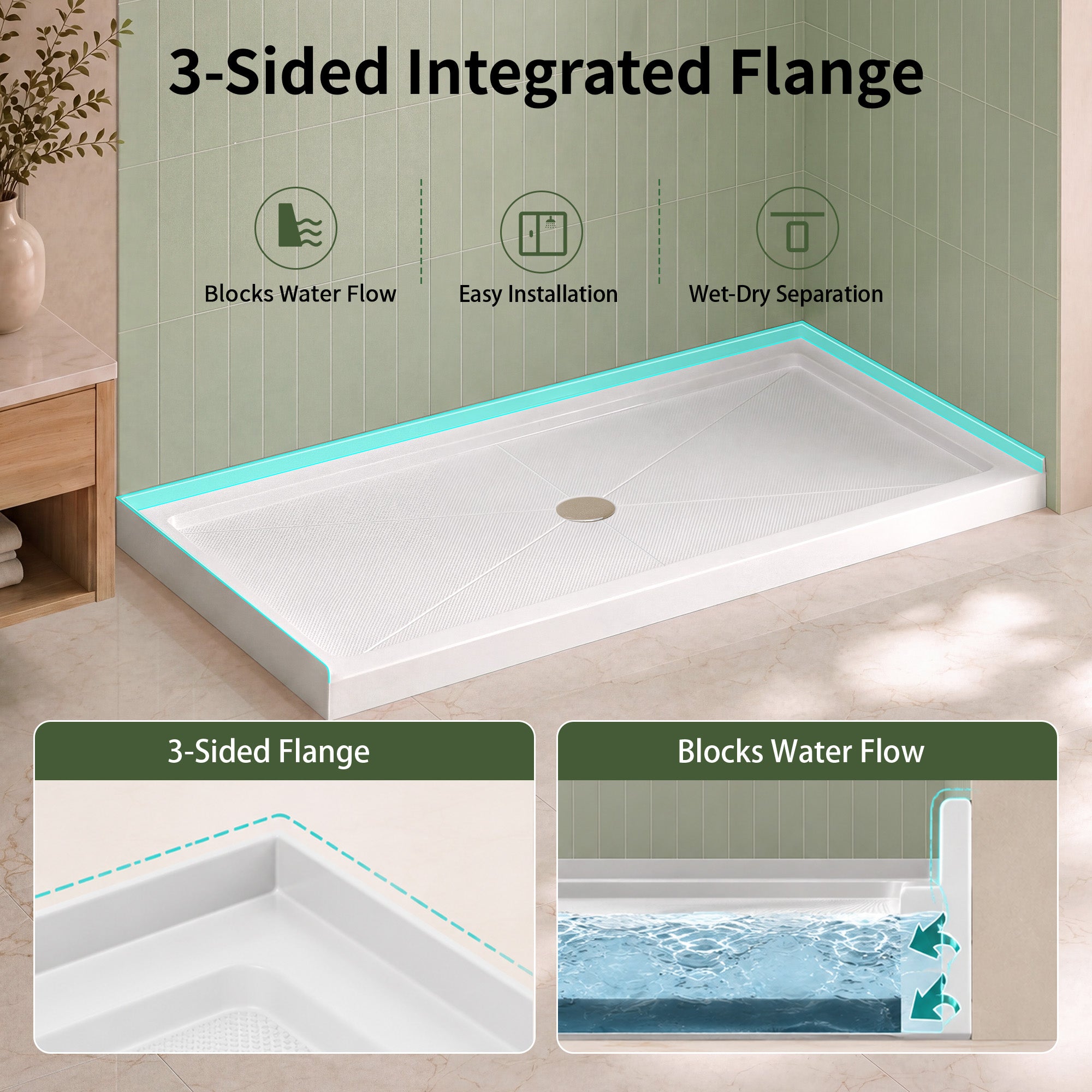 DeerValley DV-1SB0481 Shower Base in White, Acrylic Single Threshold Shower Pan with Non-Slip Texture, Center Drain Hole
