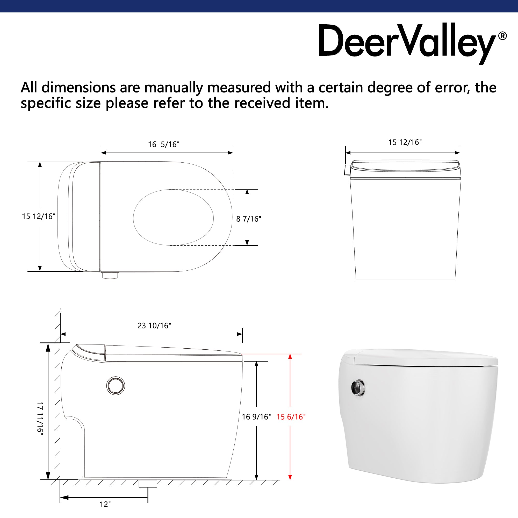 DeerValley DV-1S0381 Compact One-Piece Smart Toilet for Small Bathrooms, Dual Flush Bidet with Auto Flush, Foot Kick Flush, Heated Seat, Adjustable Water & Air Temperature, Deodorizer, Soft Night Light, and Remote Control