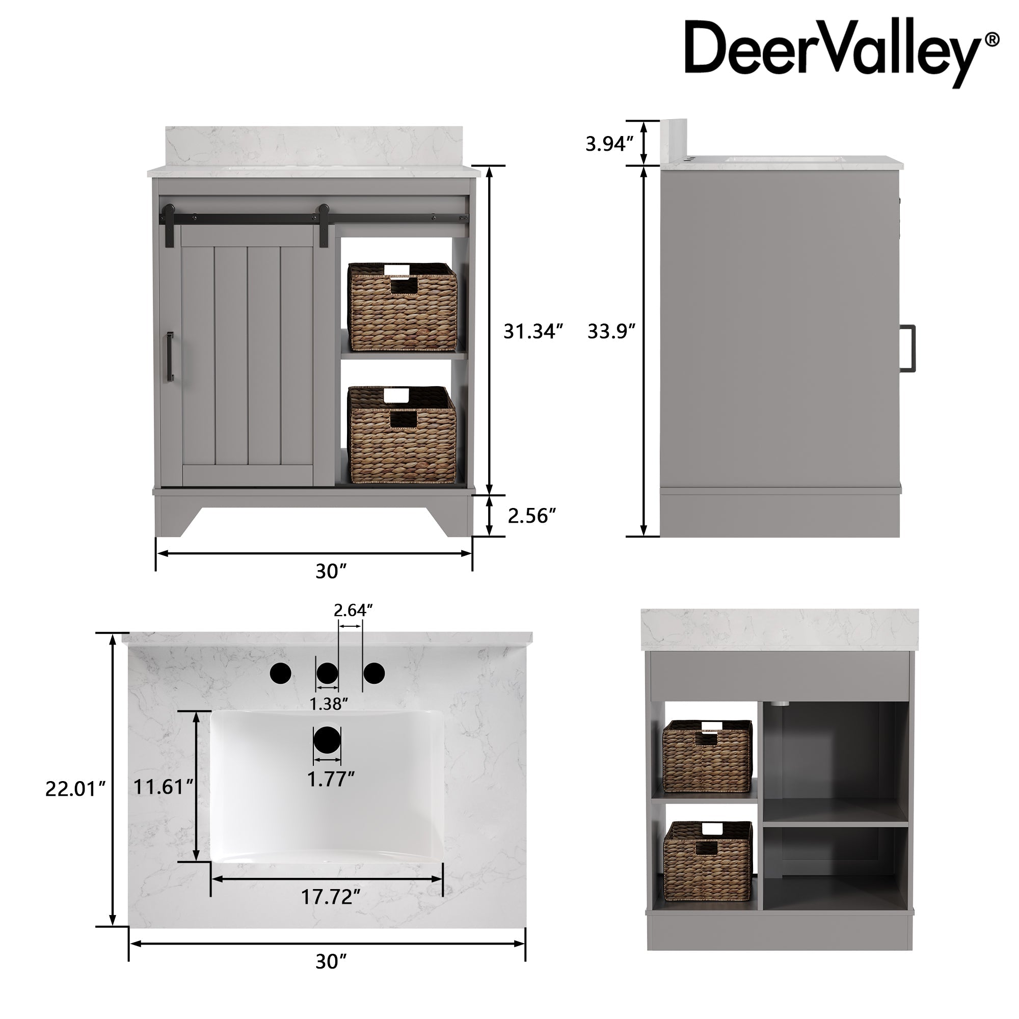 30" Rectangular Bathroom Vanity, with Ceramic Sink Top Set-up
