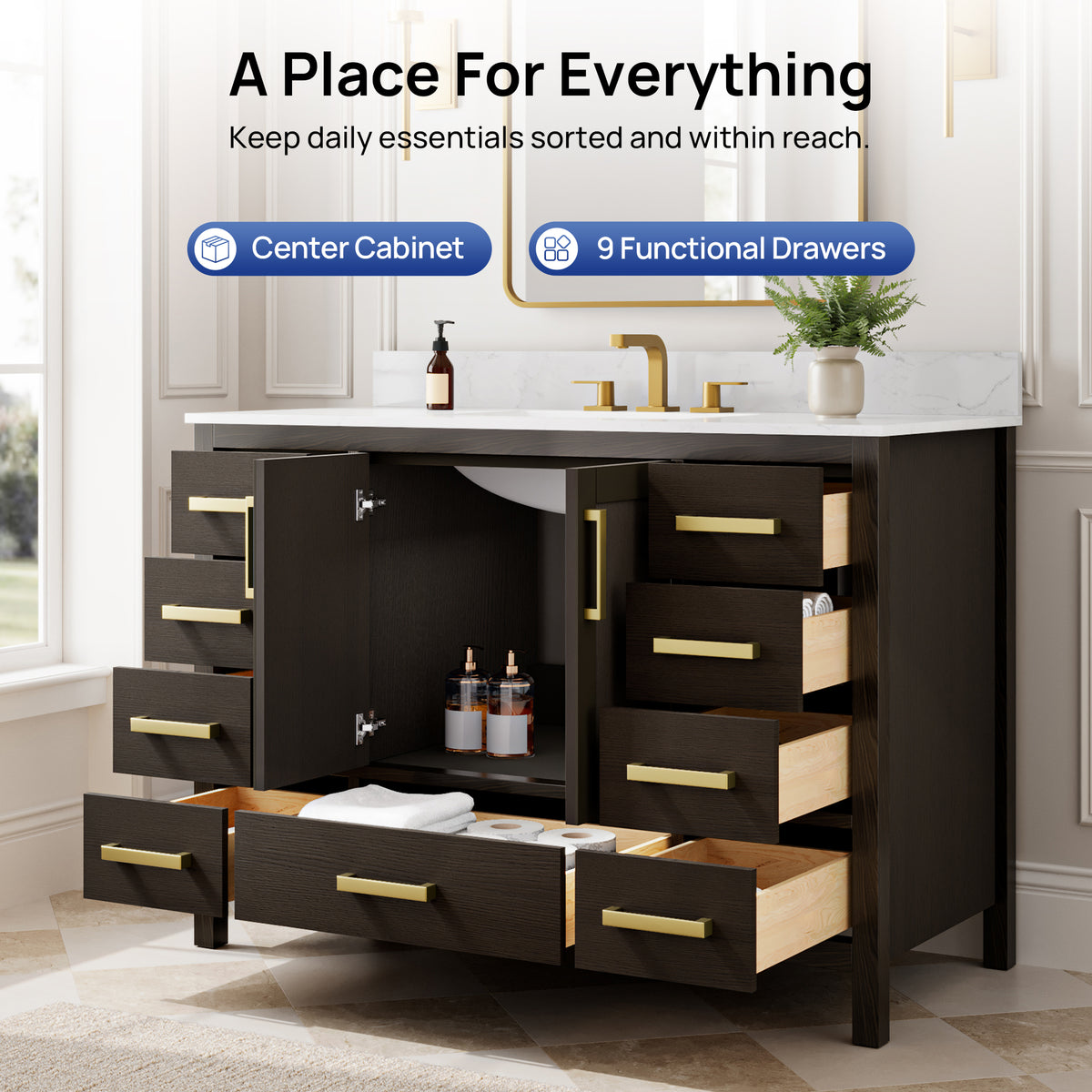 DeerValley DV-1BV0156BO03 Bathroom Vanity, Fully Assembled & 9-Drawer Storage