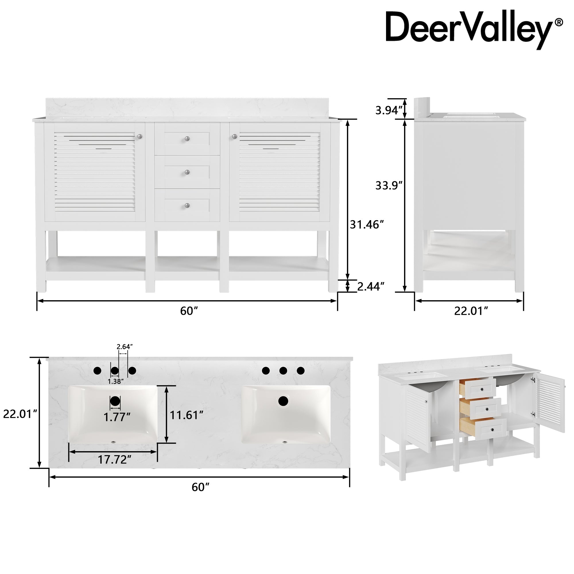 60" Rectangular Bathroom Vanity, with Ceramic Sink Top Set-up