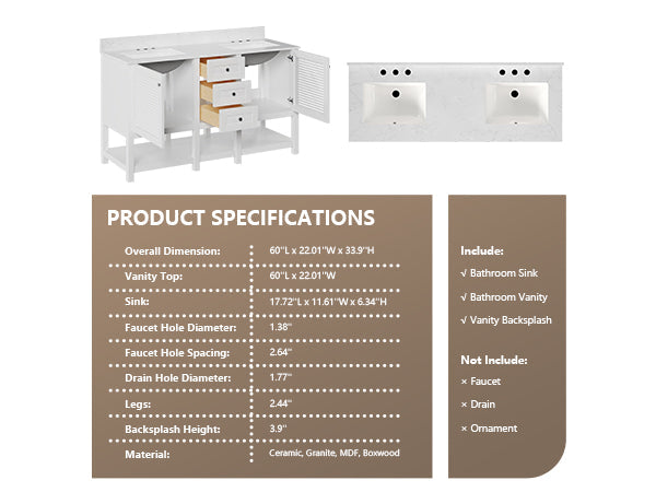 60" Rectangular Bathroom Vanity, with Ceramic Sink Top Set-up