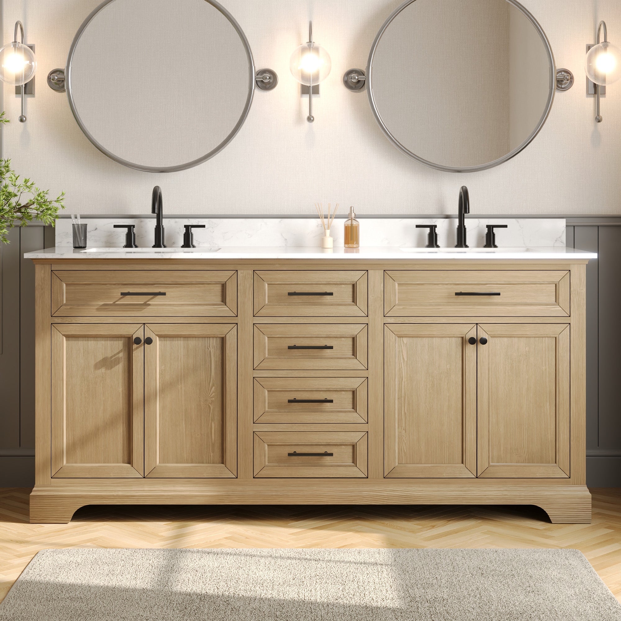 DeerValley DV-1BV0158NW Double Sink Vanity, Natural Oak Soft-Close Drawers & Doors, 72-in Pre-assembled