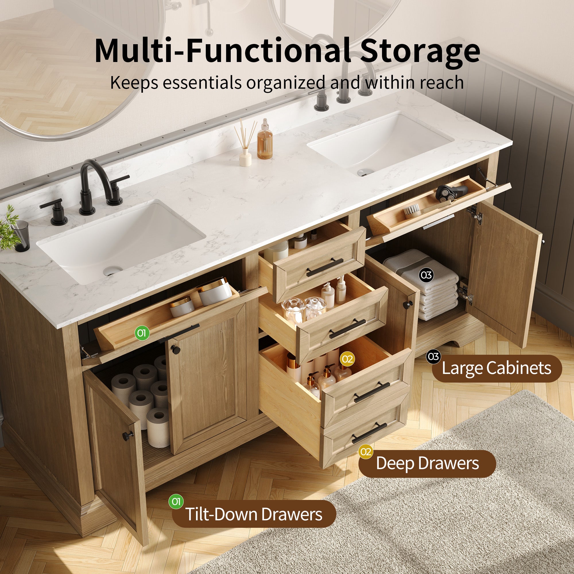 DeerValley DV-1BV0158NW Double Sink Vanity, Natural Oak Soft-Close Drawers & Doors, 72-in Pre-assembled