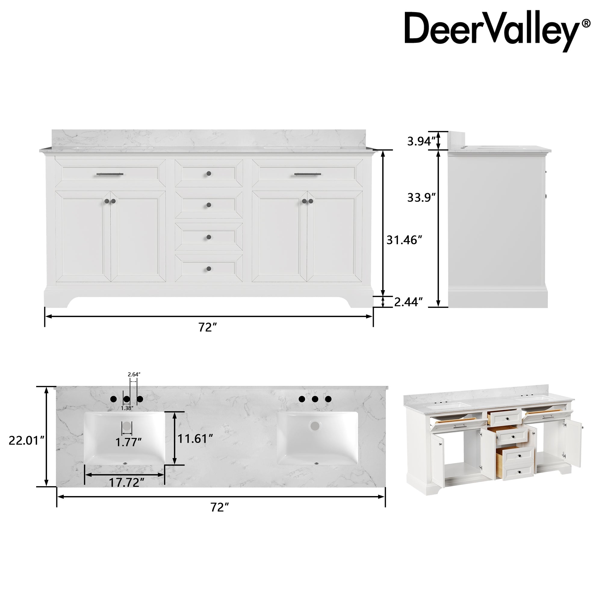 72" Rectangular Bathroom Vanity, with Ceramic Sink Top Set-up