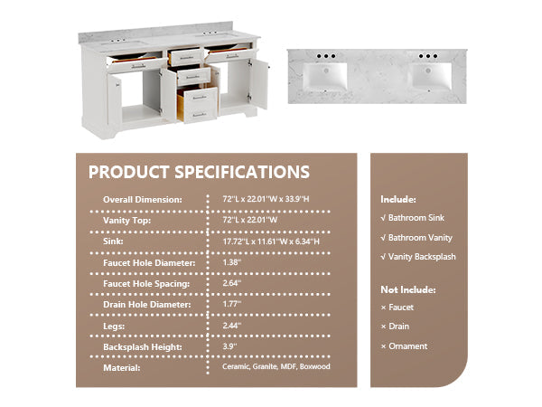 72" Rectangular Bathroom Vanity, with Ceramic Sink Top Set-up