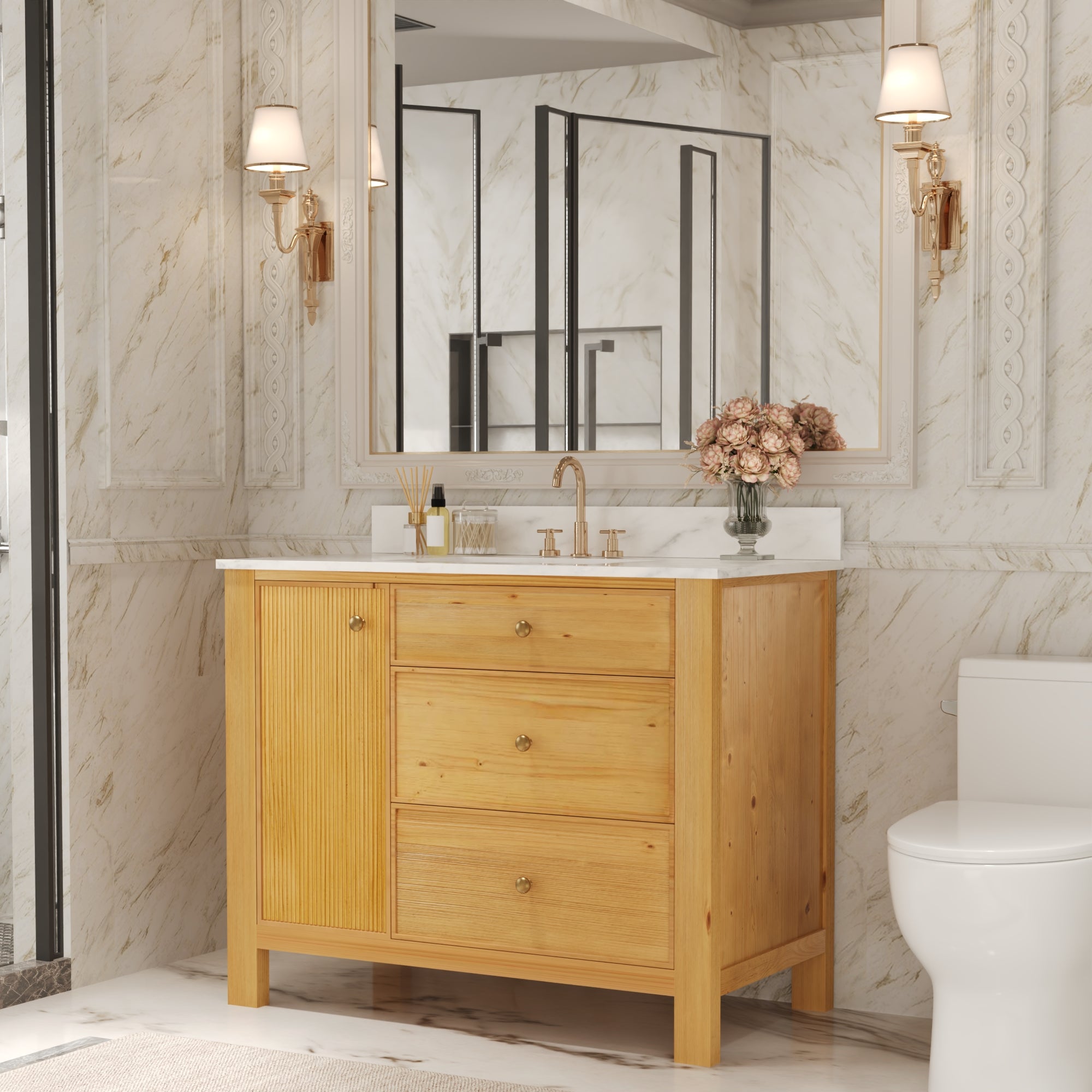 42" Fully Assembled Single Bathroom Vanity with Artificial Marble Top, Natural Wood