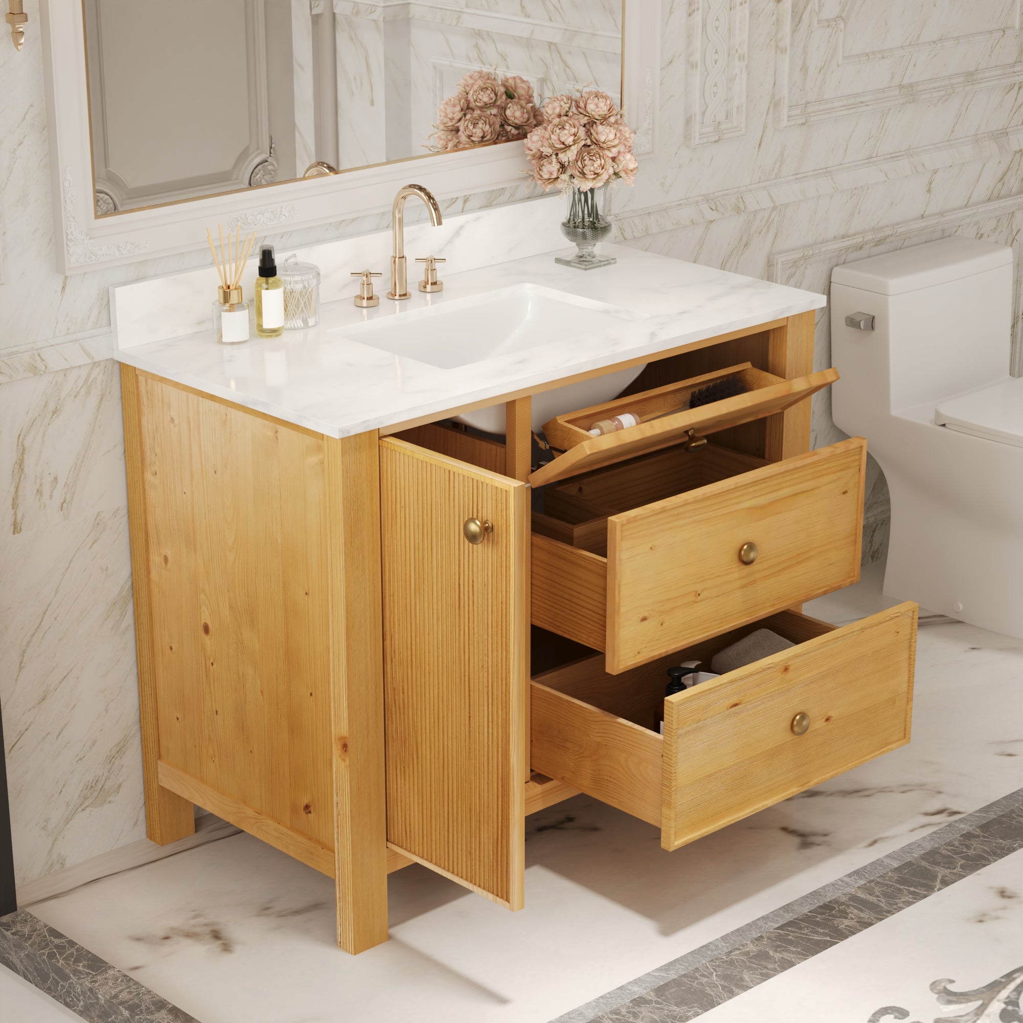 42" Fully Assembled Single Bathroom Vanity with Artificial Marble Top, Natural Wood