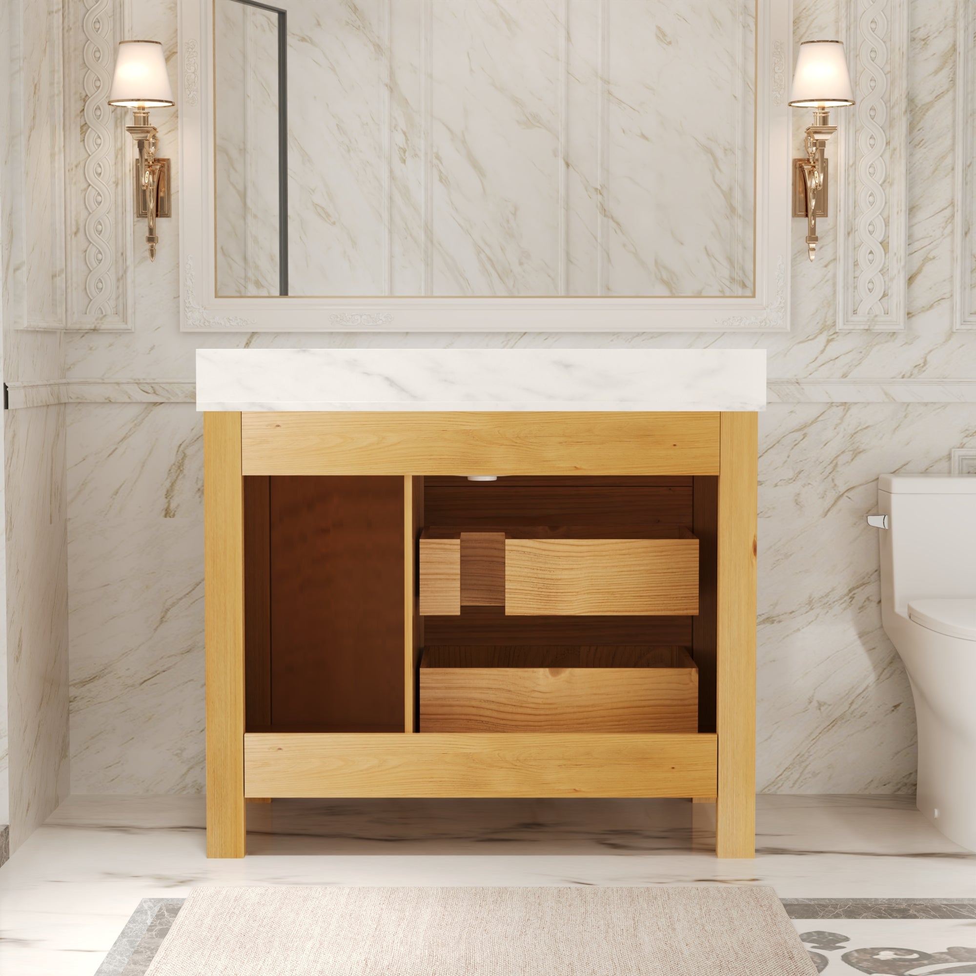 42" Fully Assembled Single Bathroom Vanity with Artificial Marble Top, Natural Wood