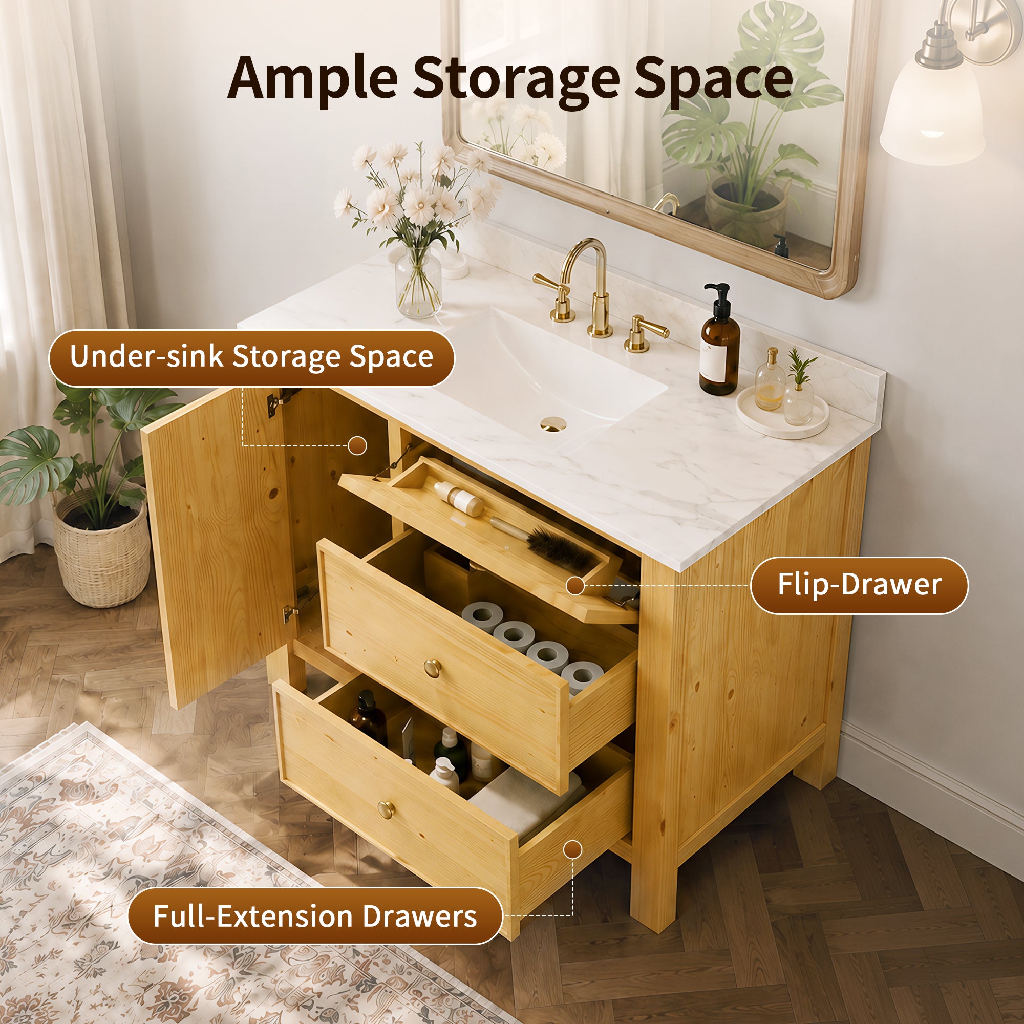 DeerValley DV-1BV0451NW/VG 42" Fully Assembled Single Bathroom Vanity with Artificial Marble Top, Natural Wood
