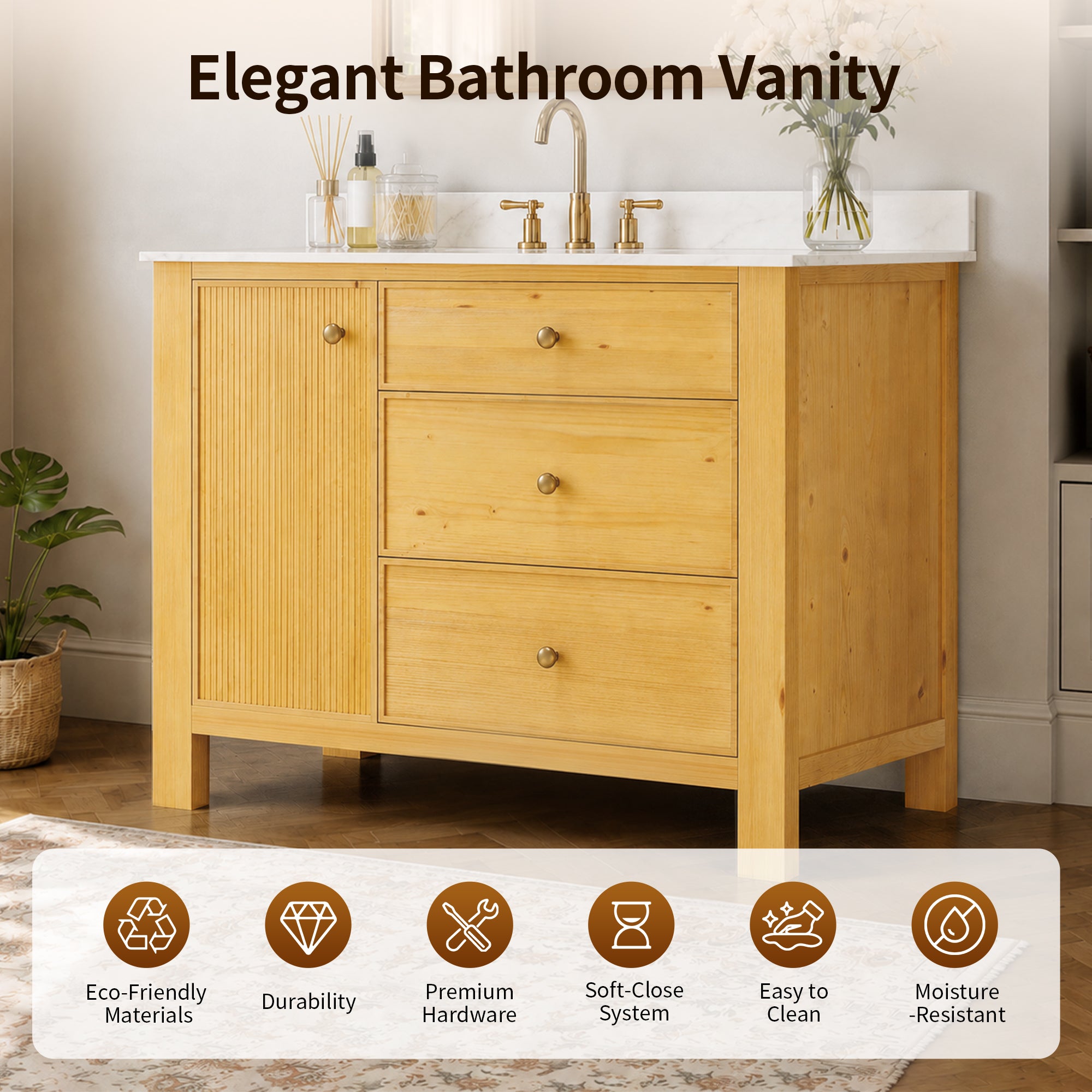DeerValley DV-1BV0451NW/VG 42" Fully Assembled Single Bathroom Vanity with Artificial Marble Top, Natural Wood