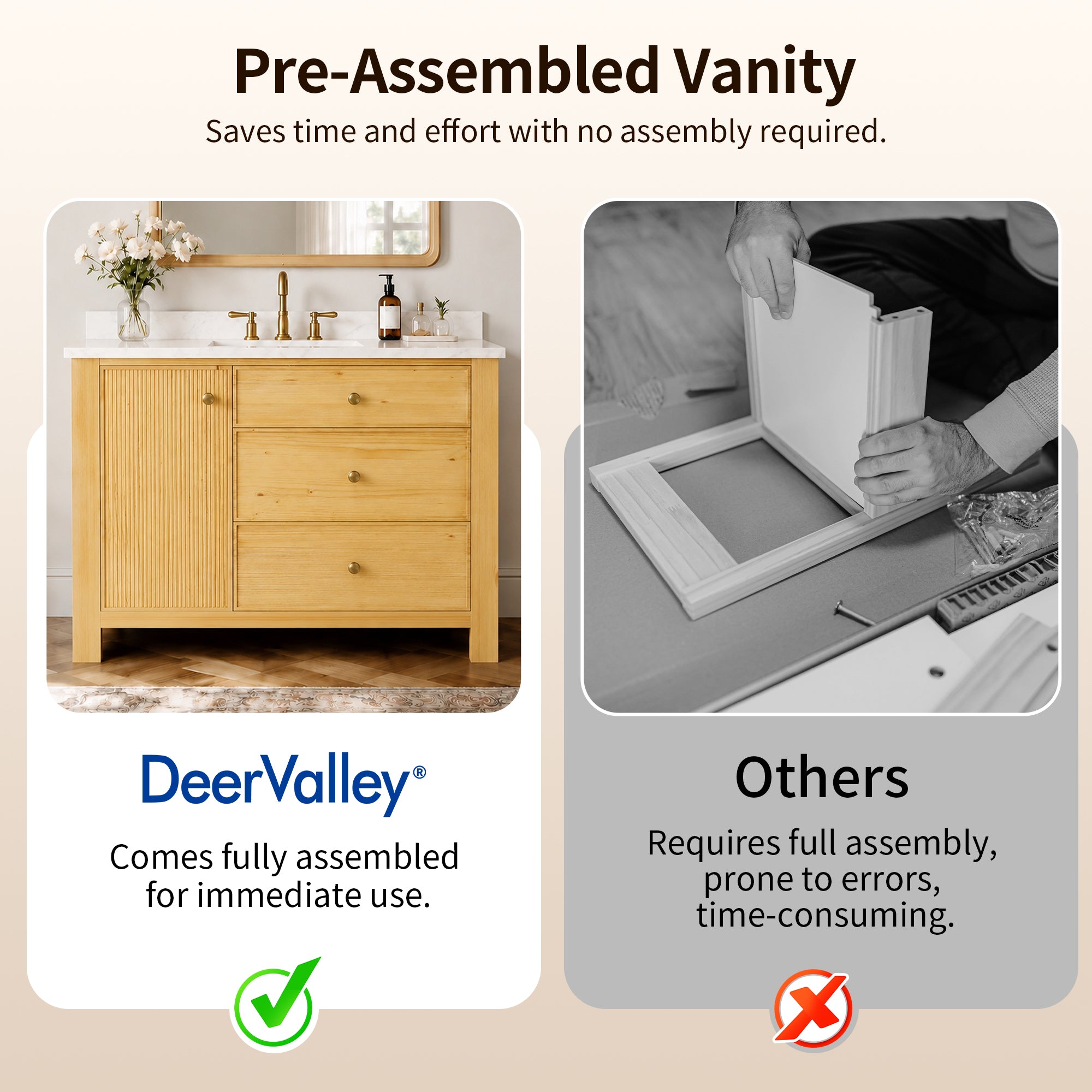 DeerValley DV-1BV0451NW/VG 42" Fully Assembled Single Bathroom Vanity with Artificial Marble Top, Natural Wood
