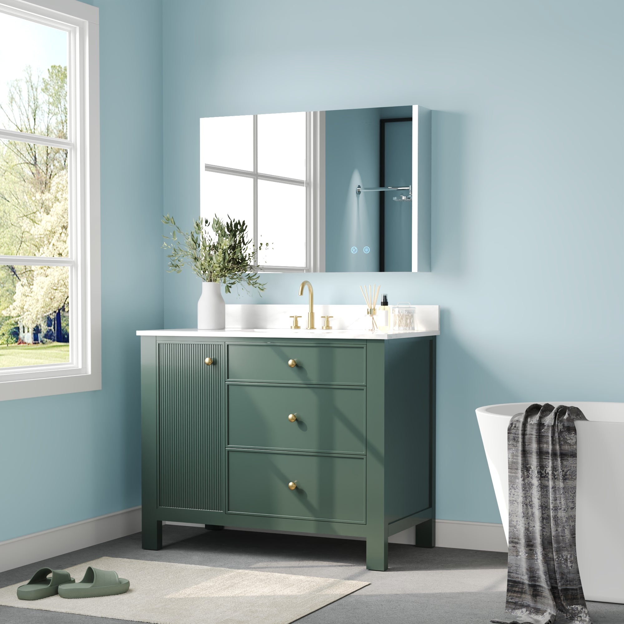 42" Fully Assembled Single Bathroom Vanity with Artificial Marble Top, Natural Wood