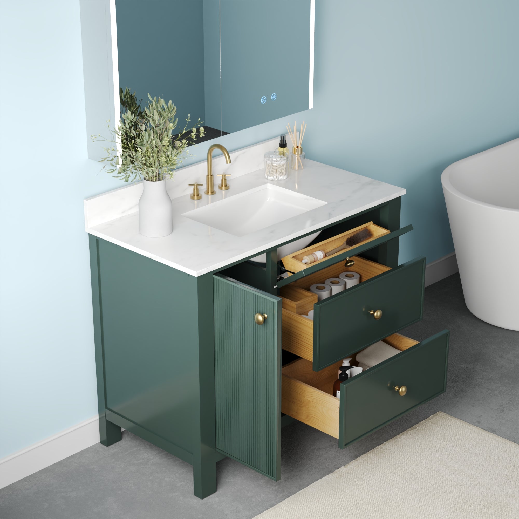 42" Fully Assembled Single Bathroom Vanity with Artificial Marble Top, Natural Wood