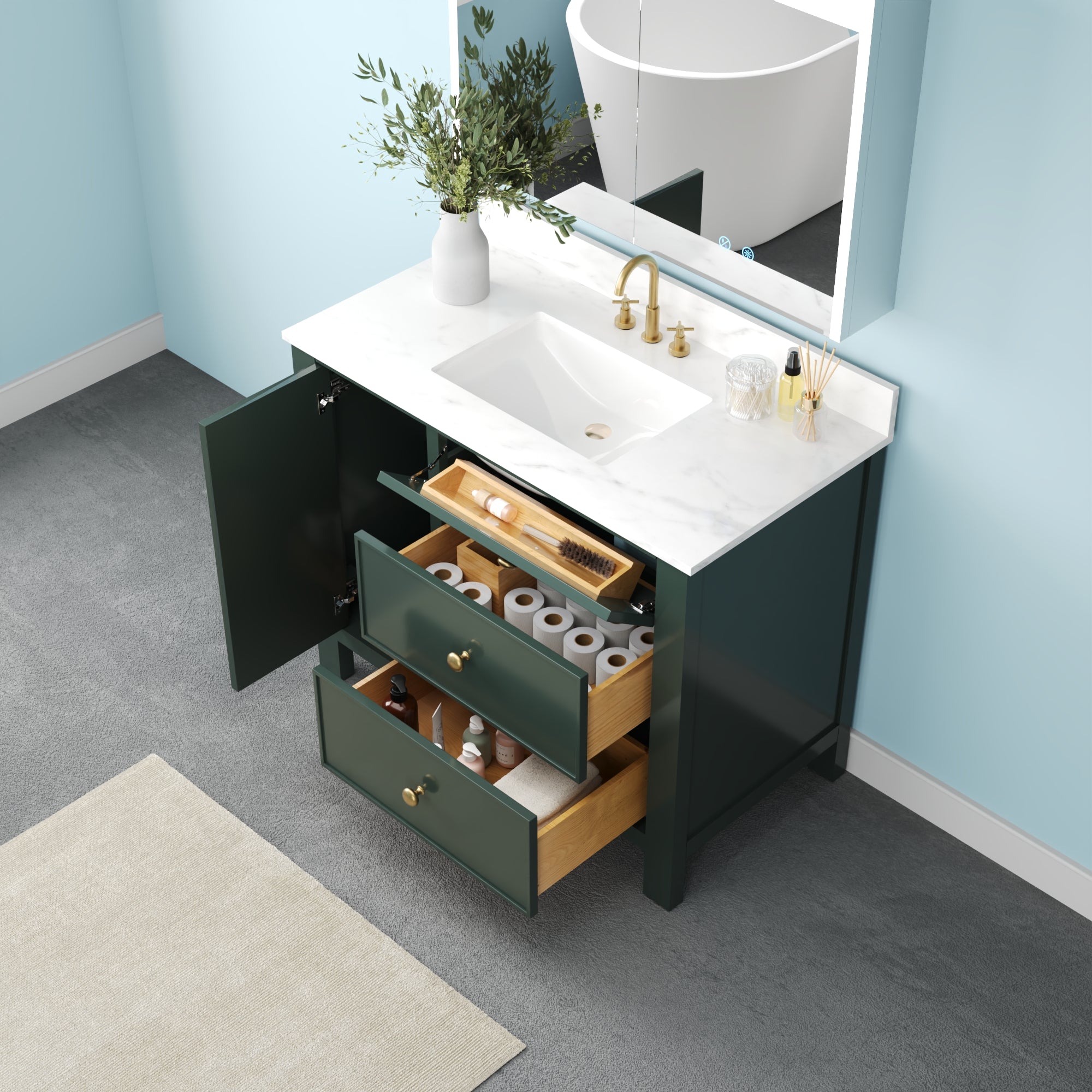 42" Fully Assembled Single Bathroom Vanity with Artificial Marble Top, Natural Wood