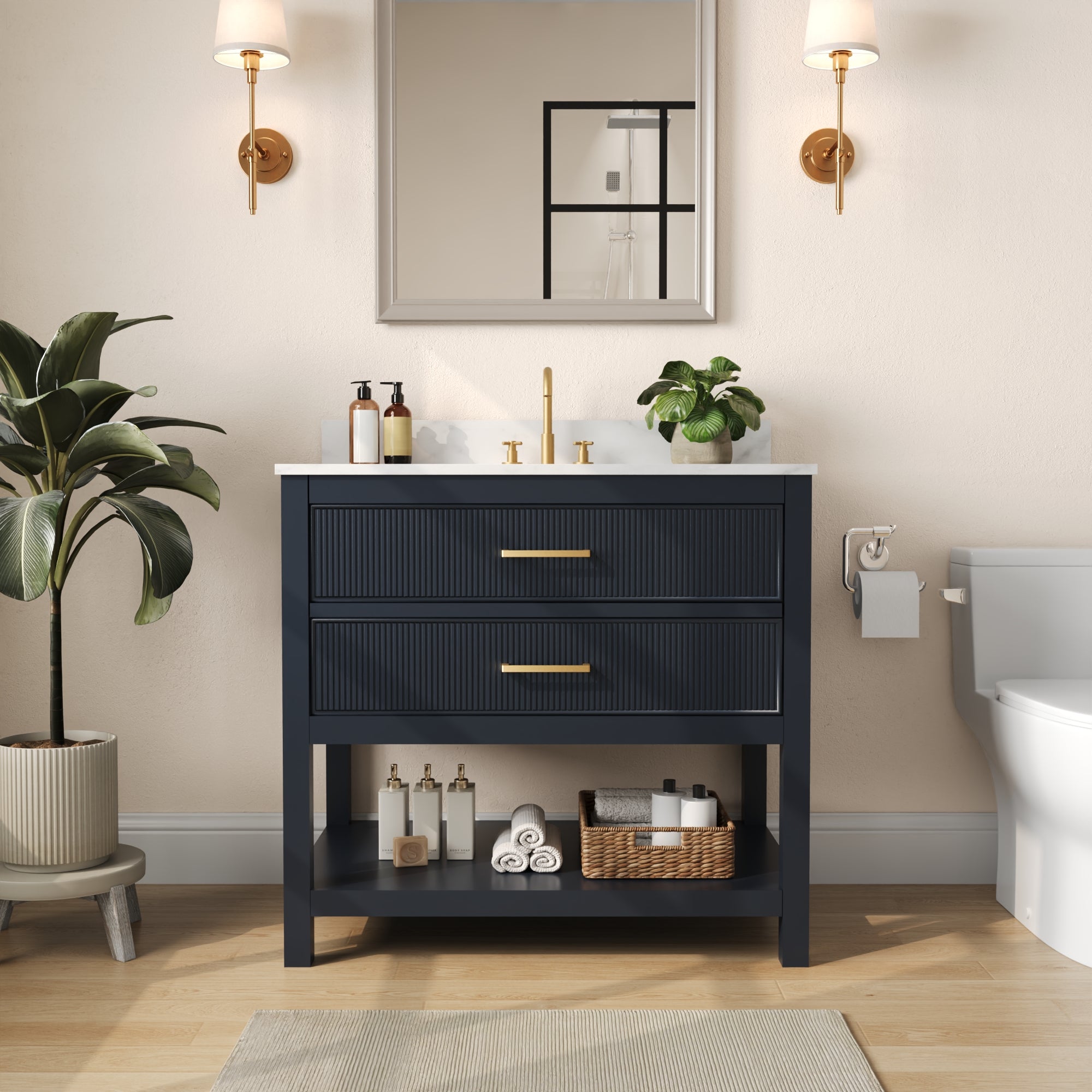 36" Fully Assembled Single Bathroom Vanity with Artificial Marble Top, Green&Blue