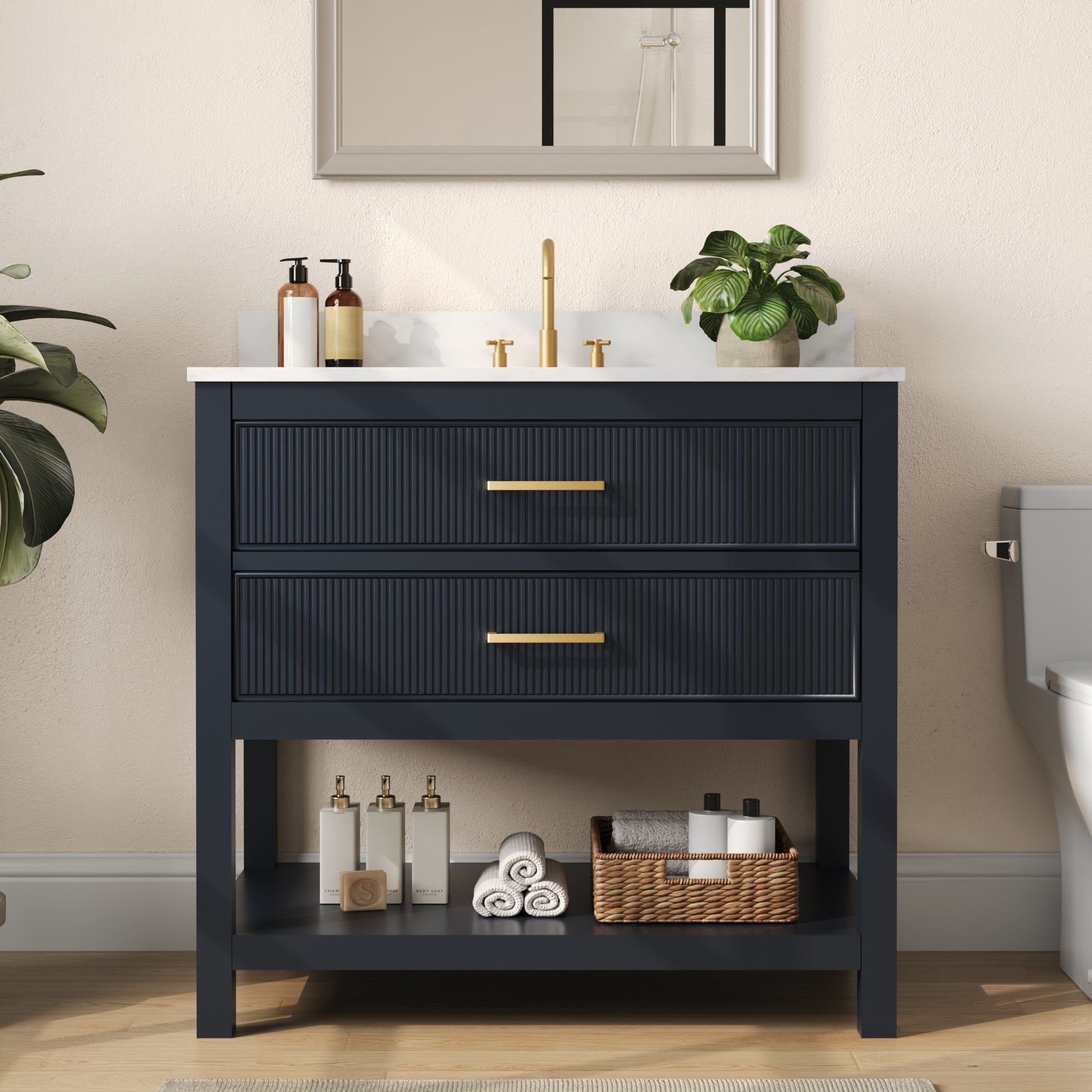 36" Fully Assembled Single Bathroom Vanity with Artificial Marble Top, Green&Blue