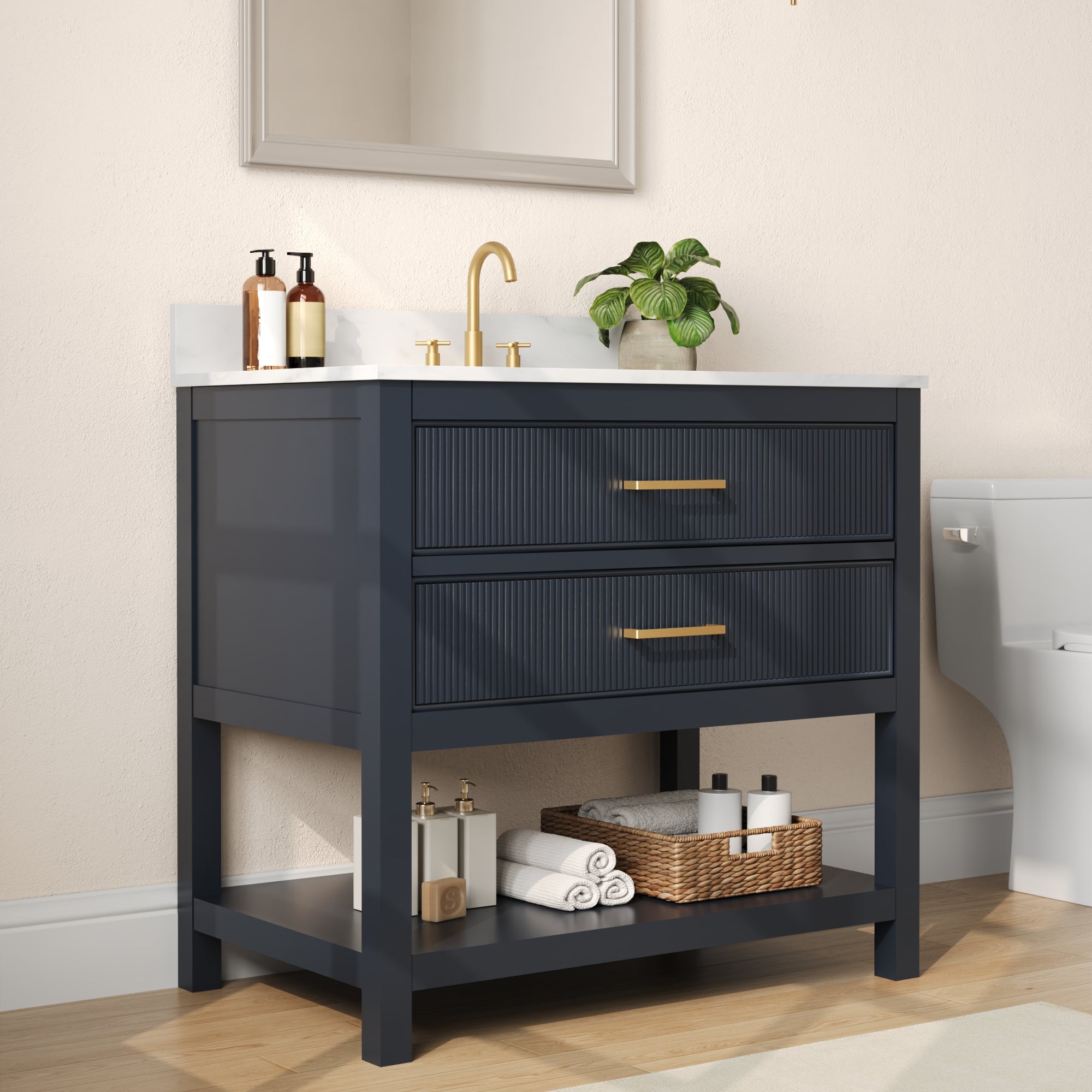 36" Fully Assembled Single Bathroom Vanity with Artificial Marble Top, Green&Blue