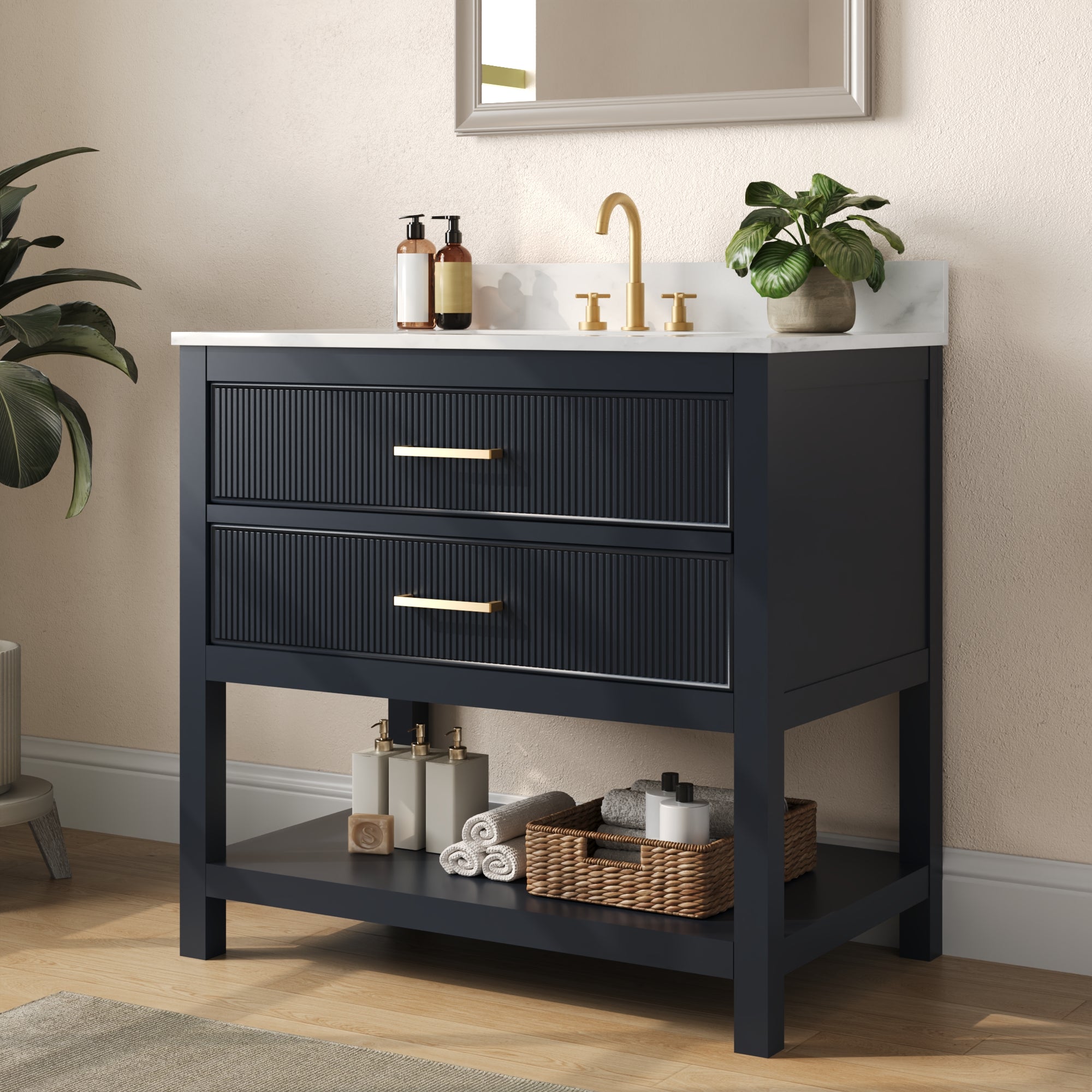 36" Fully Assembled Single Bathroom Vanity with Artificial Marble Top, Green&Blue