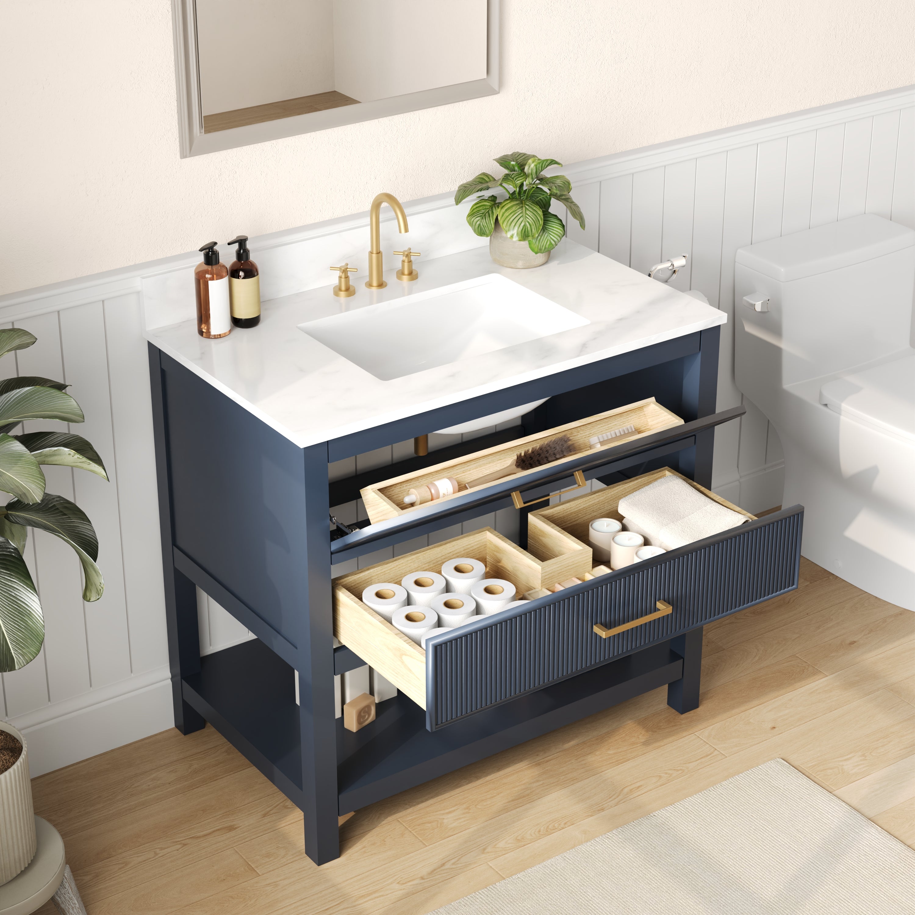 36" Fully Assembled Single Bathroom Vanity with Artificial Marble Top, Green&Blue