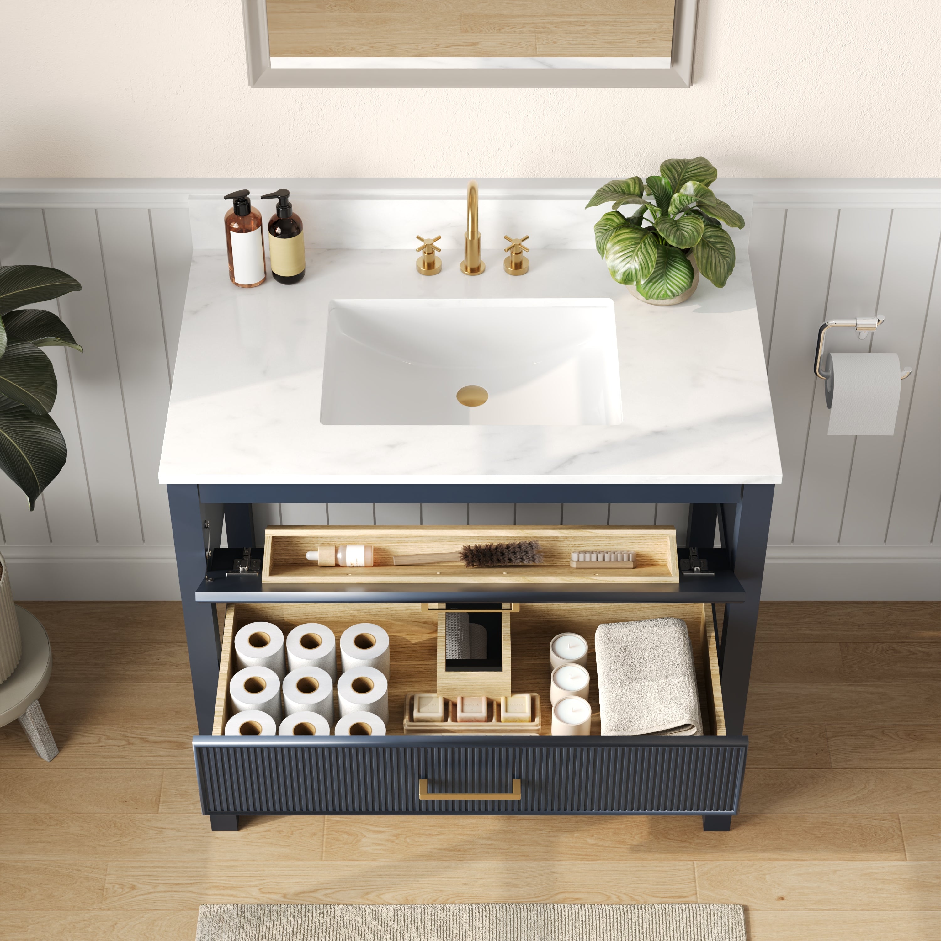 36" Fully Assembled Single Bathroom Vanity with Artificial Marble Top, Green&Blue