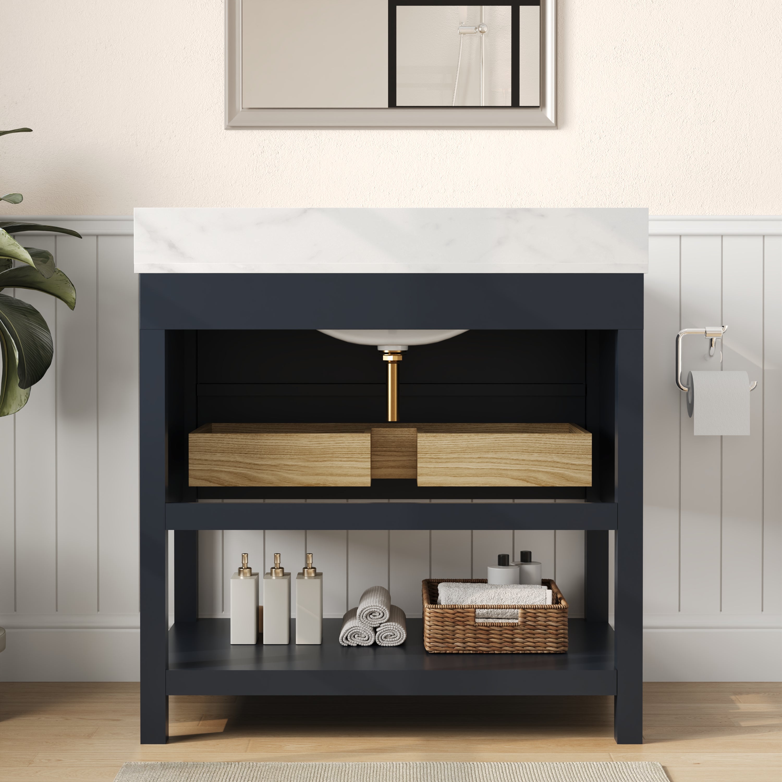 36" Fully Assembled Single Bathroom Vanity with Artificial Marble Top, Green&Blue