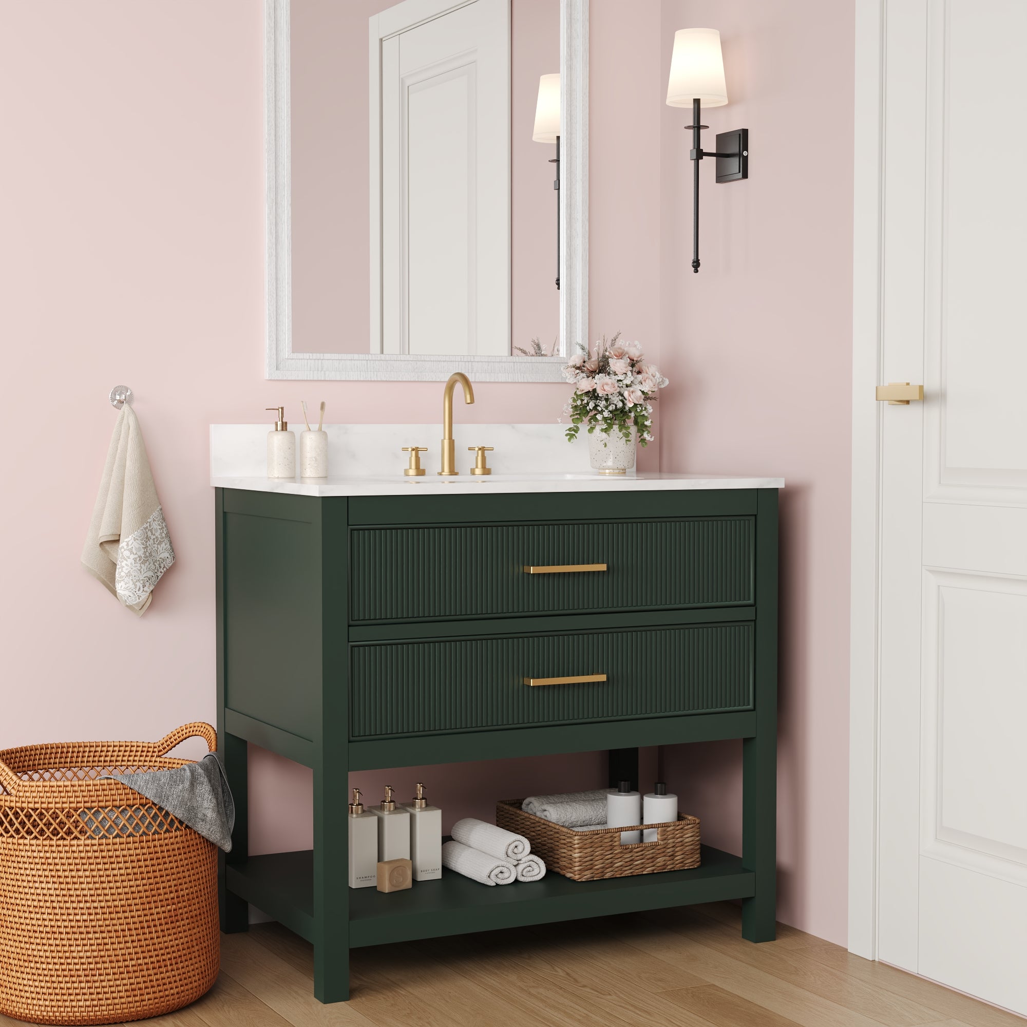 36" Fully Assembled Single Bathroom Vanity with Artificial Marble Top, Green&Blue