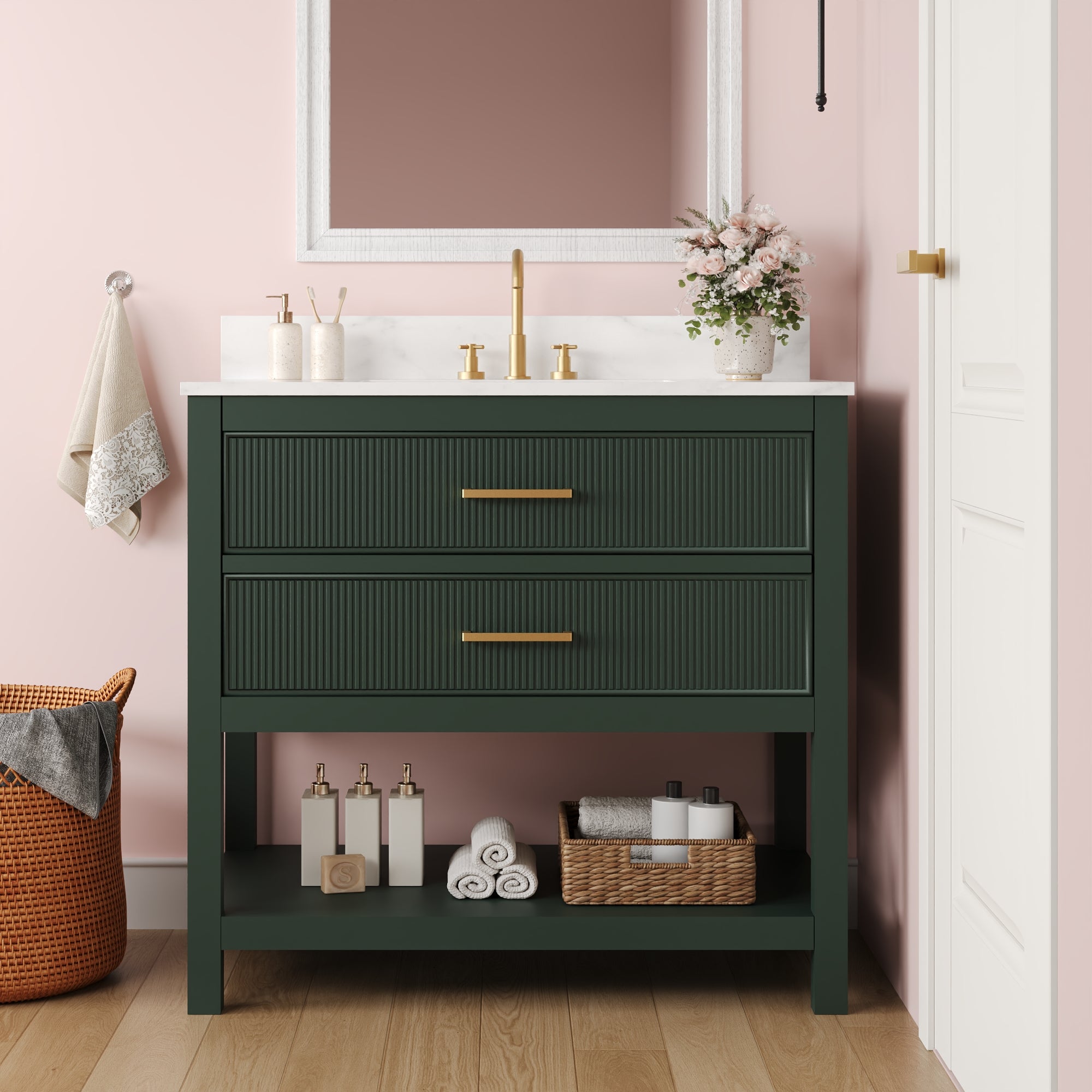 36" Fully Assembled Single Bathroom Vanity with Artificial Marble Top, Green&Blue