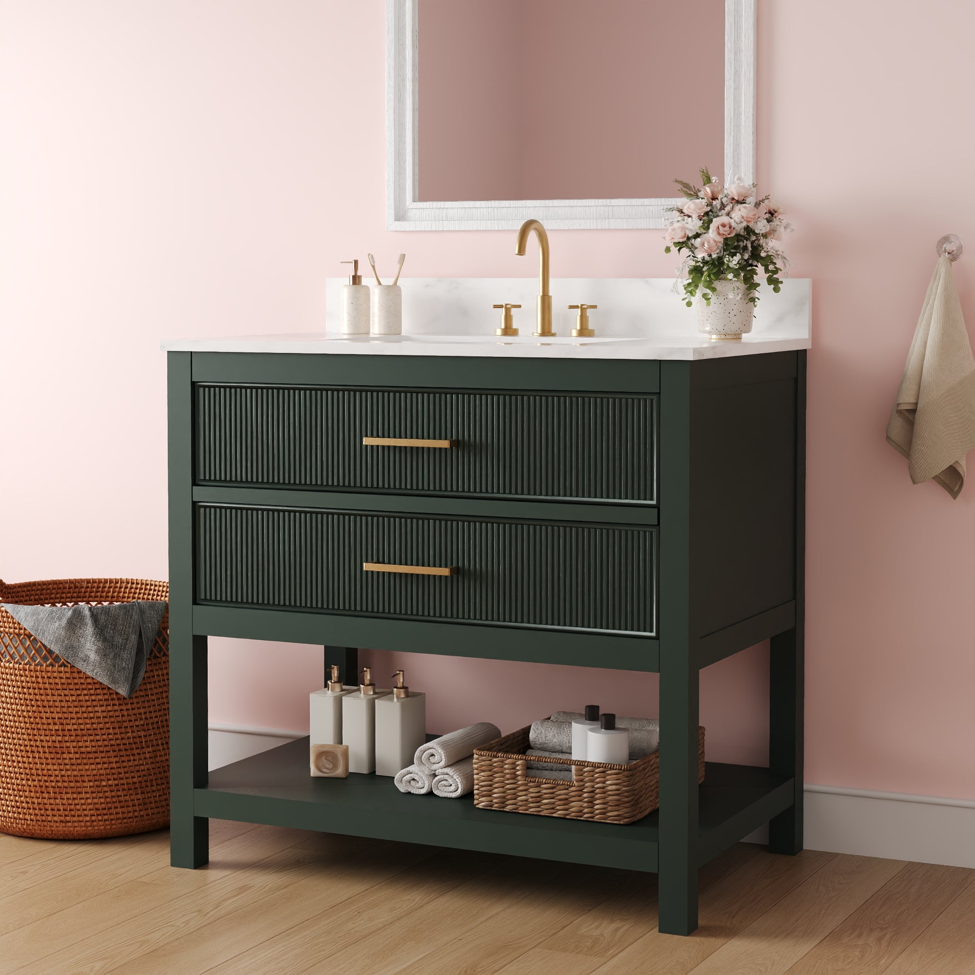 36" Fully Assembled Single Bathroom Vanity with Artificial Marble Top, Green&Blue