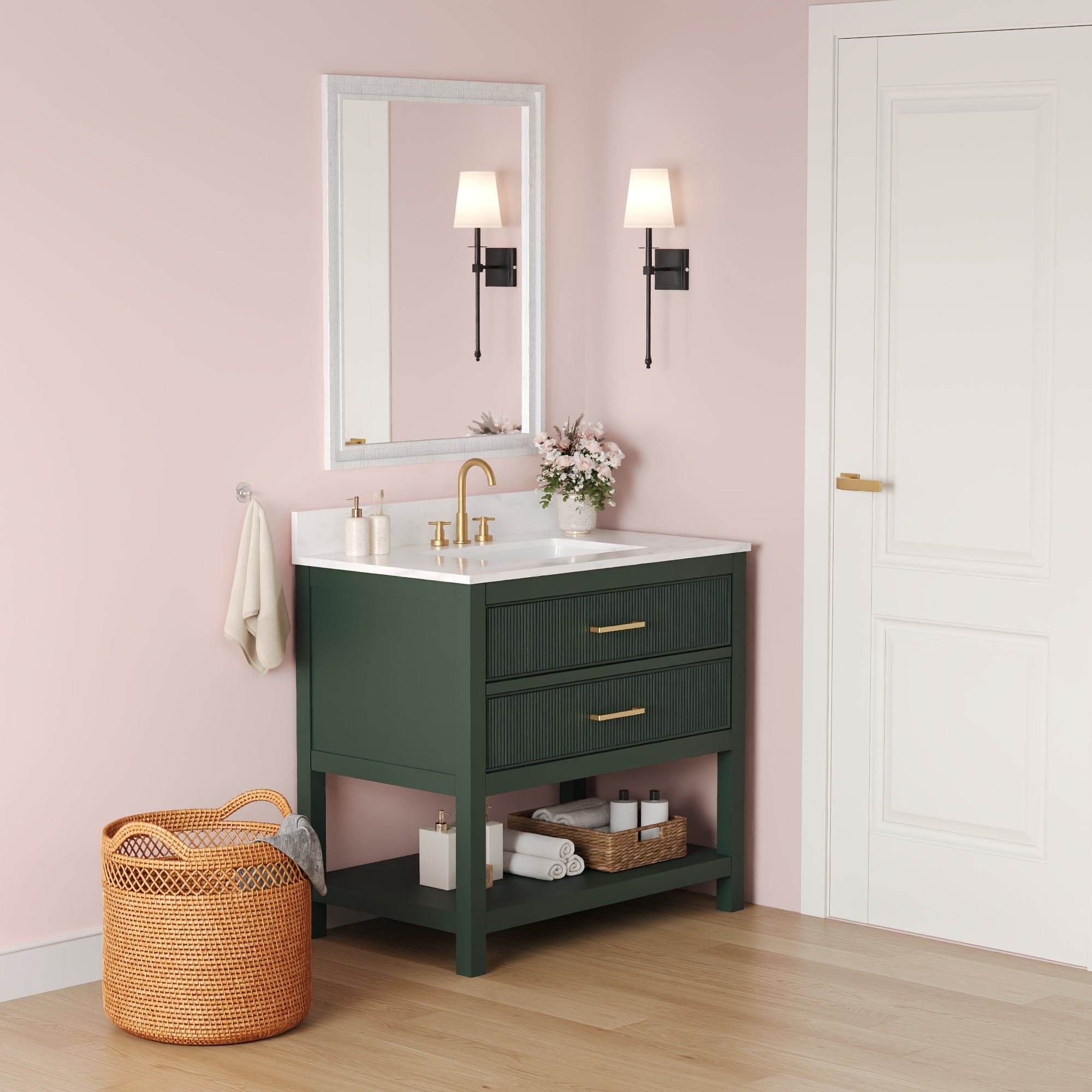 36" Fully Assembled Single Bathroom Vanity with Artificial Marble Top, Green&Blue