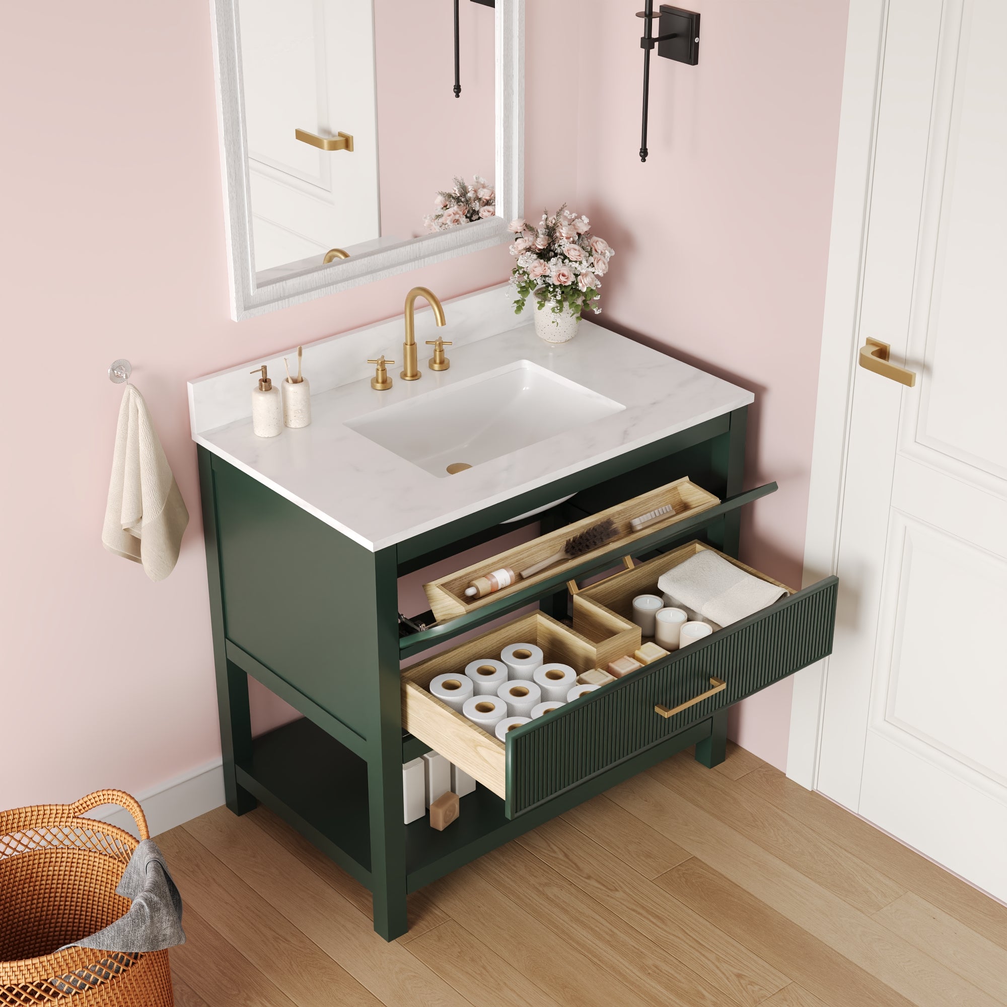 36" Fully Assembled Single Bathroom Vanity with Artificial Marble Top, Green&Blue