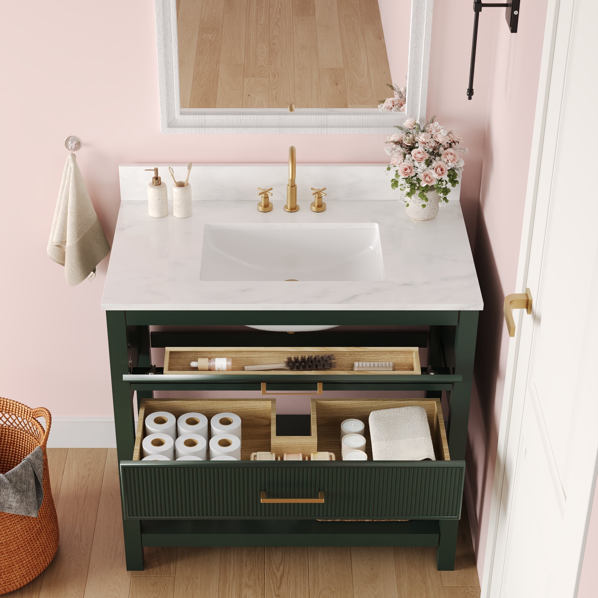 36" Fully Assembled Single Bathroom Vanity with Artificial Marble Top, Green&Blue