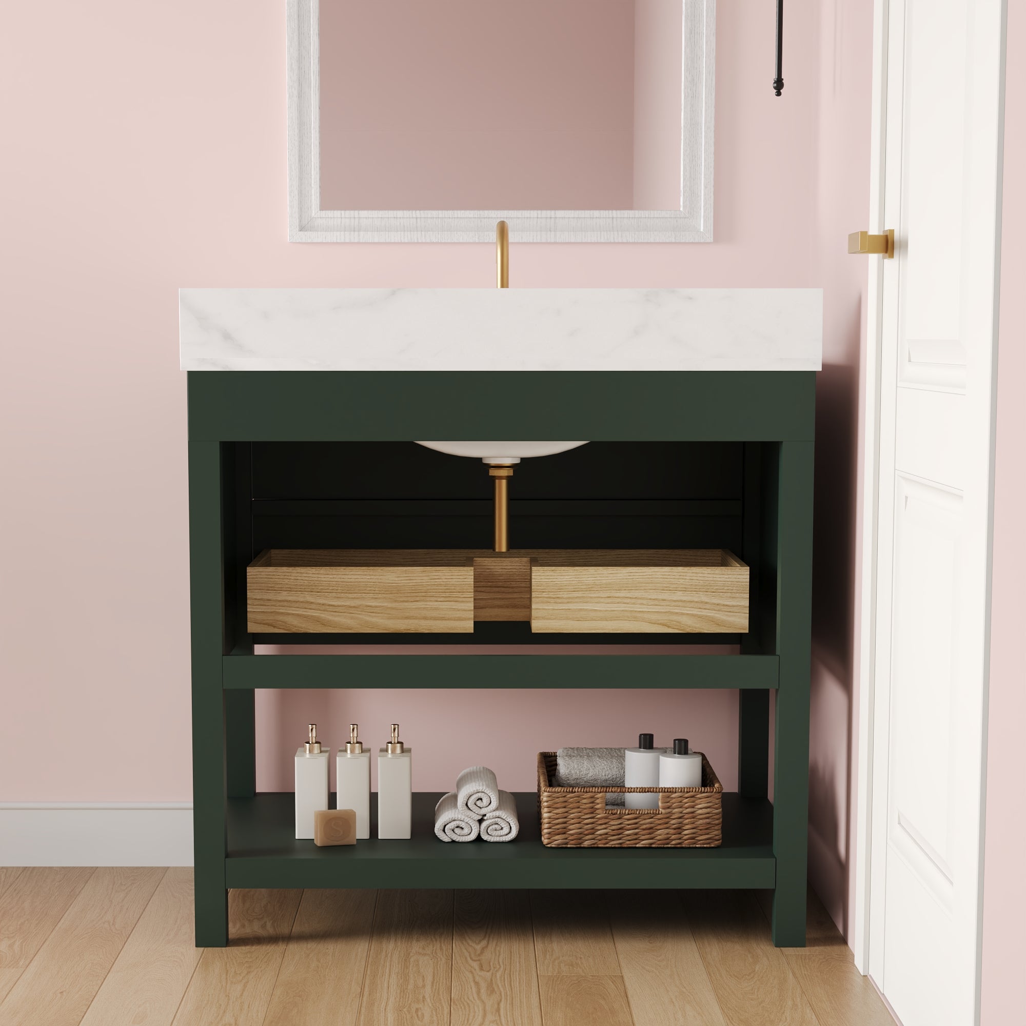 36" Fully Assembled Single Bathroom Vanity with Artificial Marble Top, Green&Blue