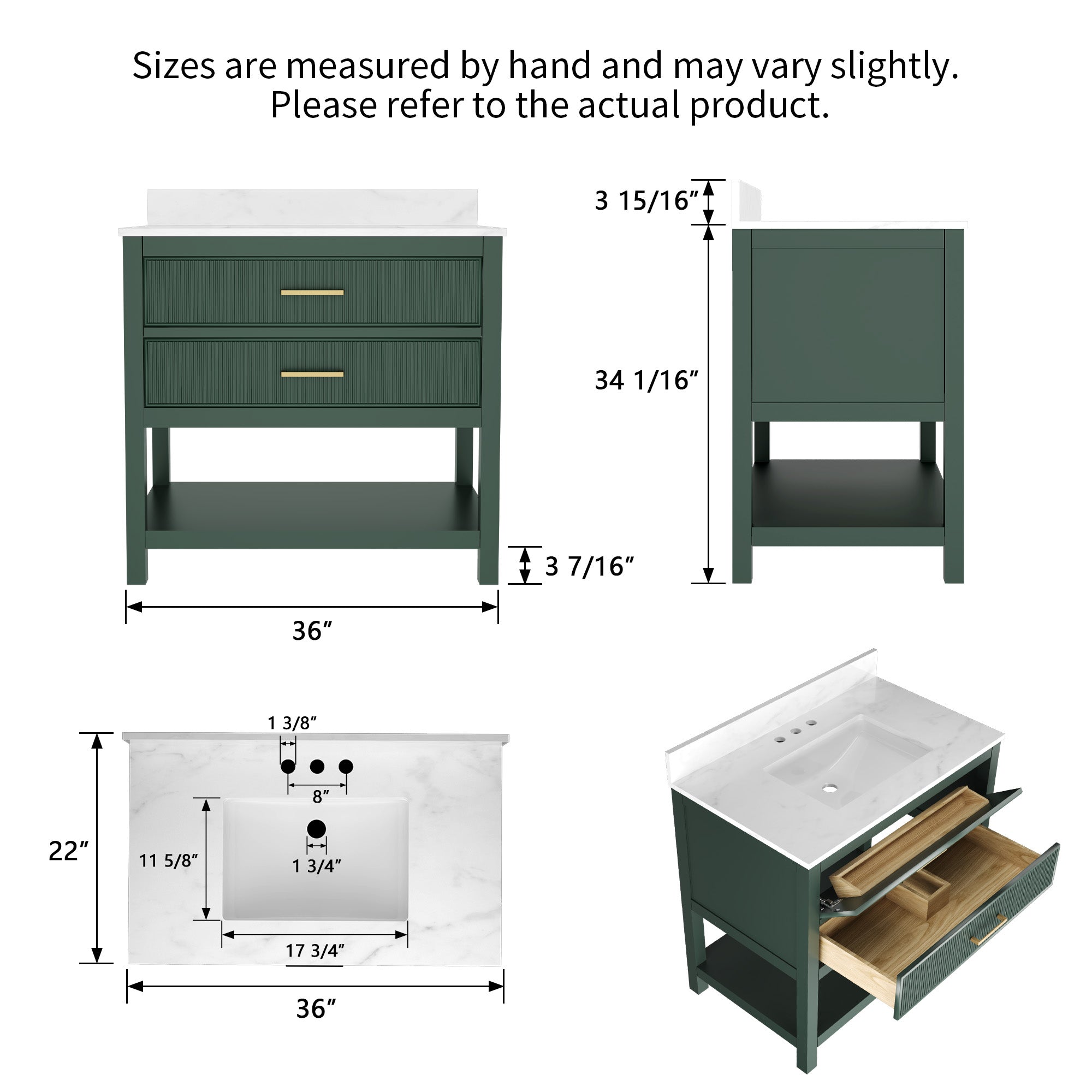 36" Fully Assembled Single Bathroom Vanity with Artificial Marble Top, Green&Blue