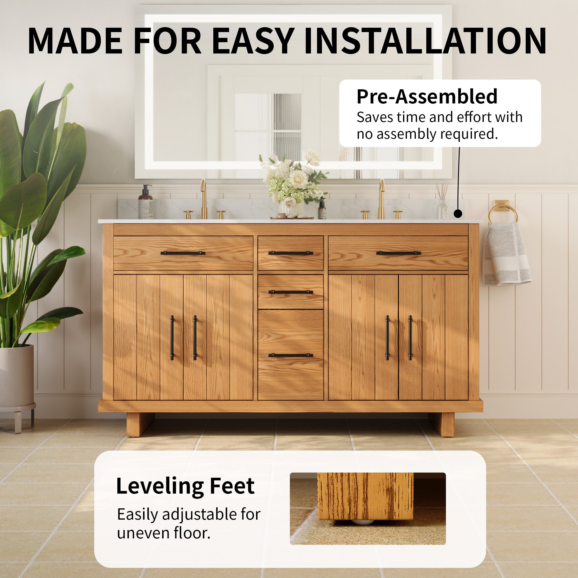 DeerValley DV-1BV0520W/DV-1BV0520NW 60" Fully Assembled Double Bathroom Vanity with Engineered Marble Top, White