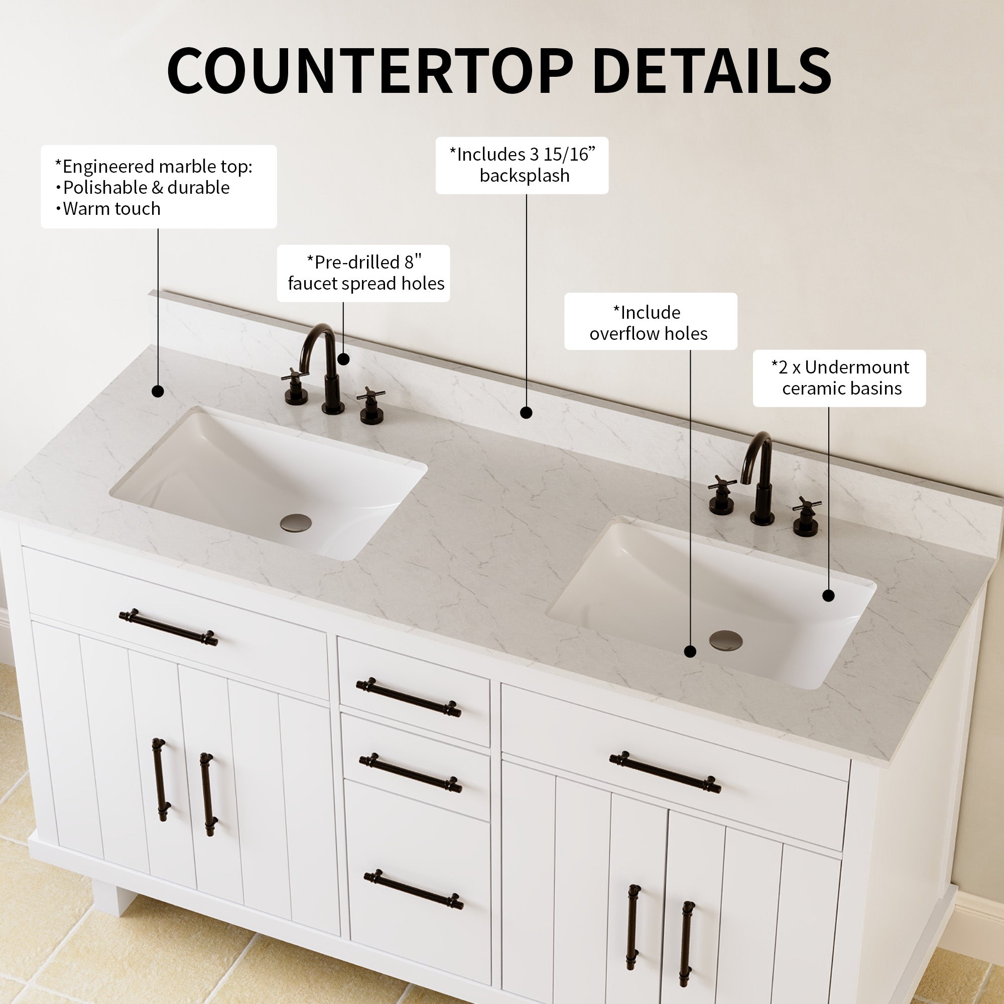 DeerValley DV-1BV0520W/DV-1BV0520NW 60" Fully Assembled Double Bathroom Vanity with Engineered Marble Top, White
