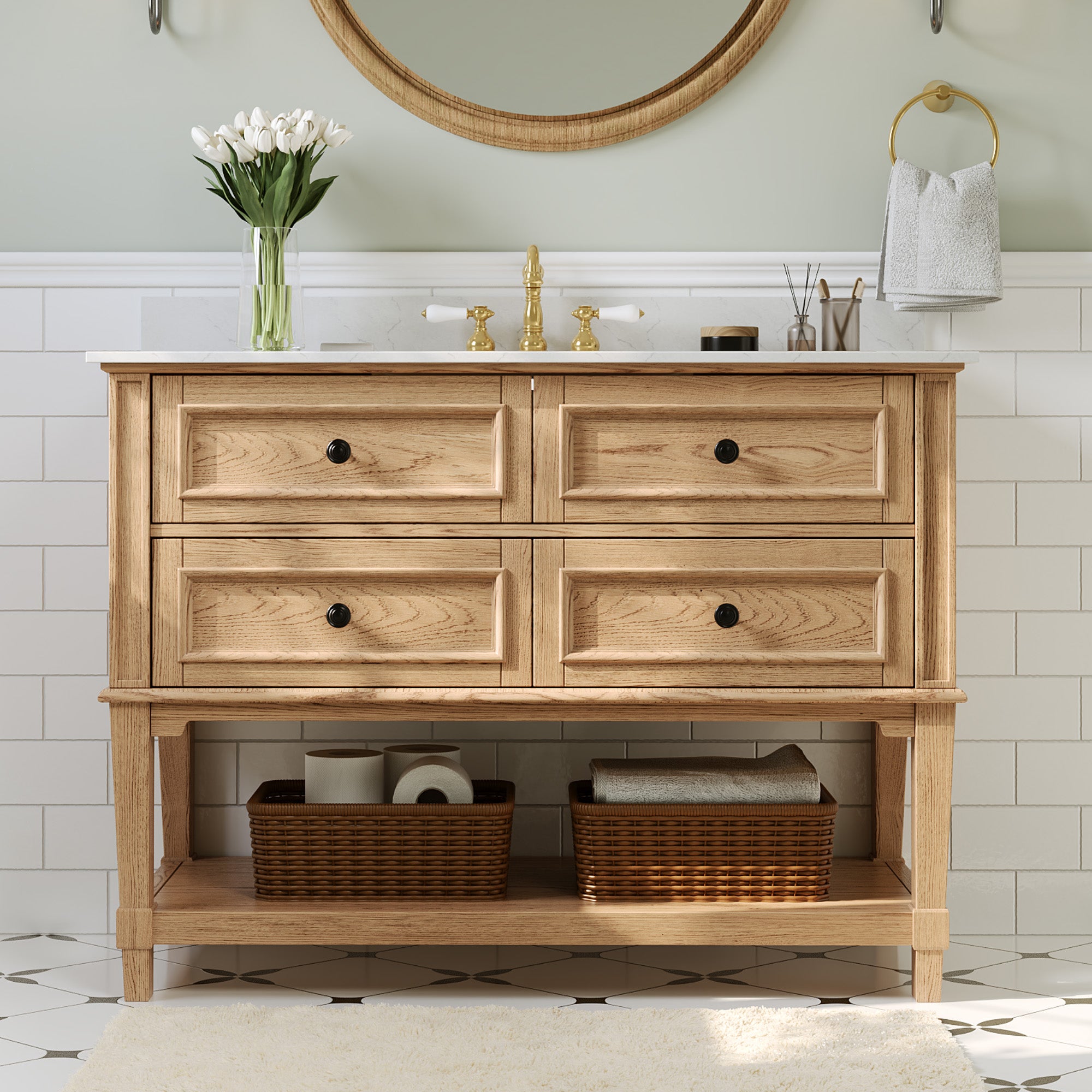 DeerValley DV-1BV0540W/NW/GN 48-inch fully assembled single vanity unit with artificial marble countertop, available in three colors.