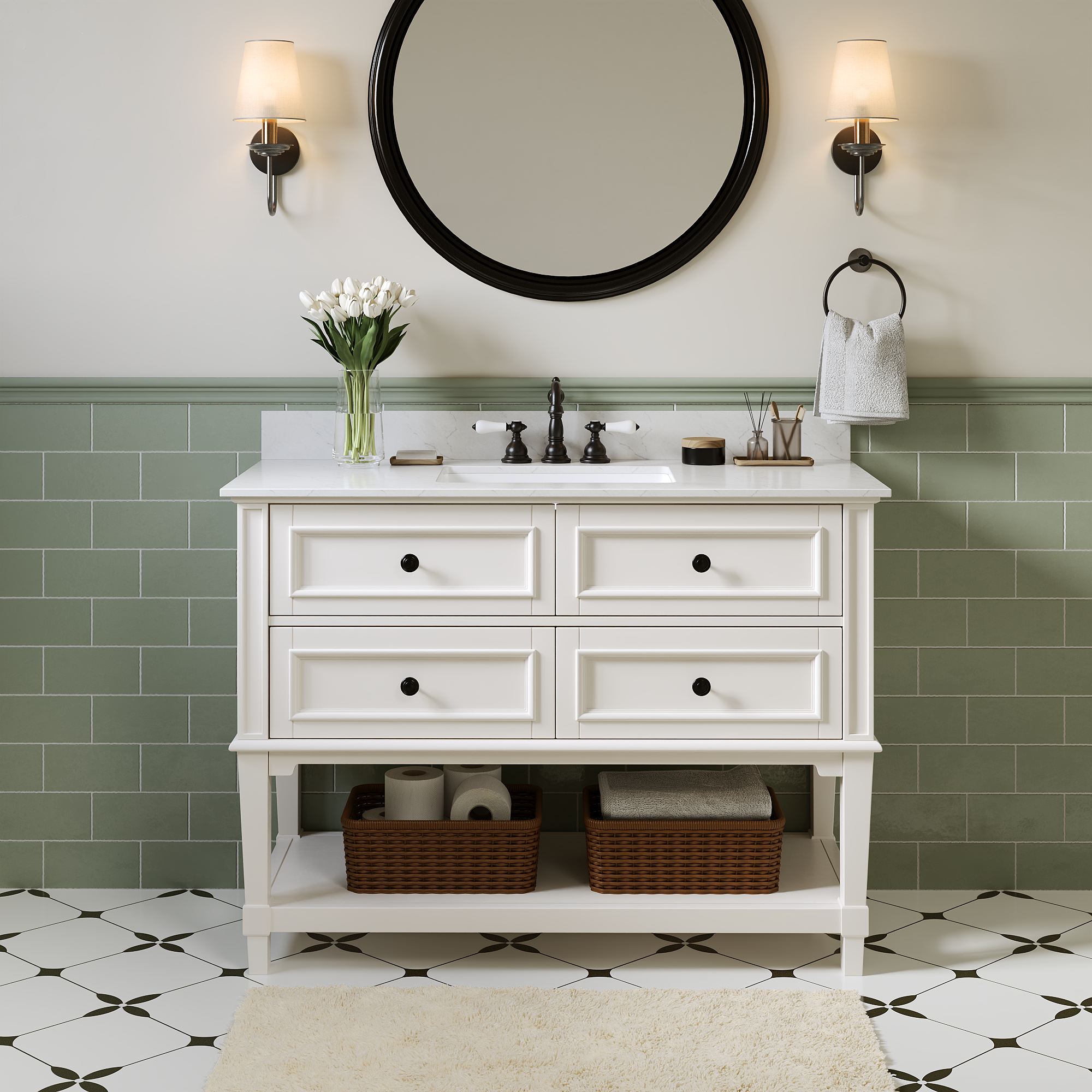 DeerValley DV-1BV0540W/NW/GN 48-inch fully assembled single vanity unit with artificial marble countertop, available in three colors.