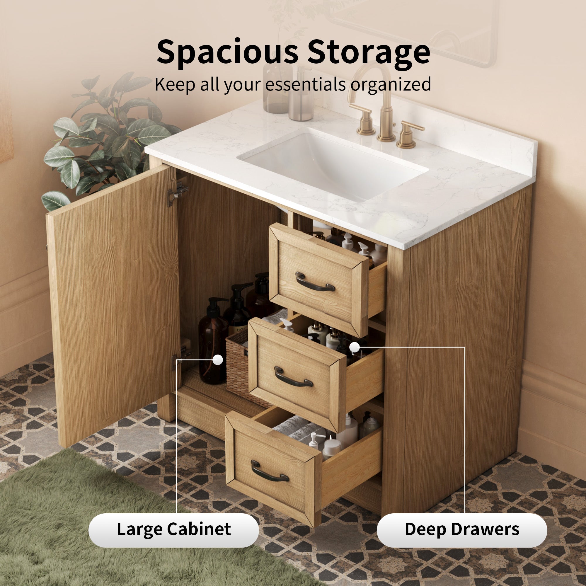 DeerValley DV-1BV0541NW Farmhouse Vanity, Natural Oak Rattan Accent, 36-in Assembled
