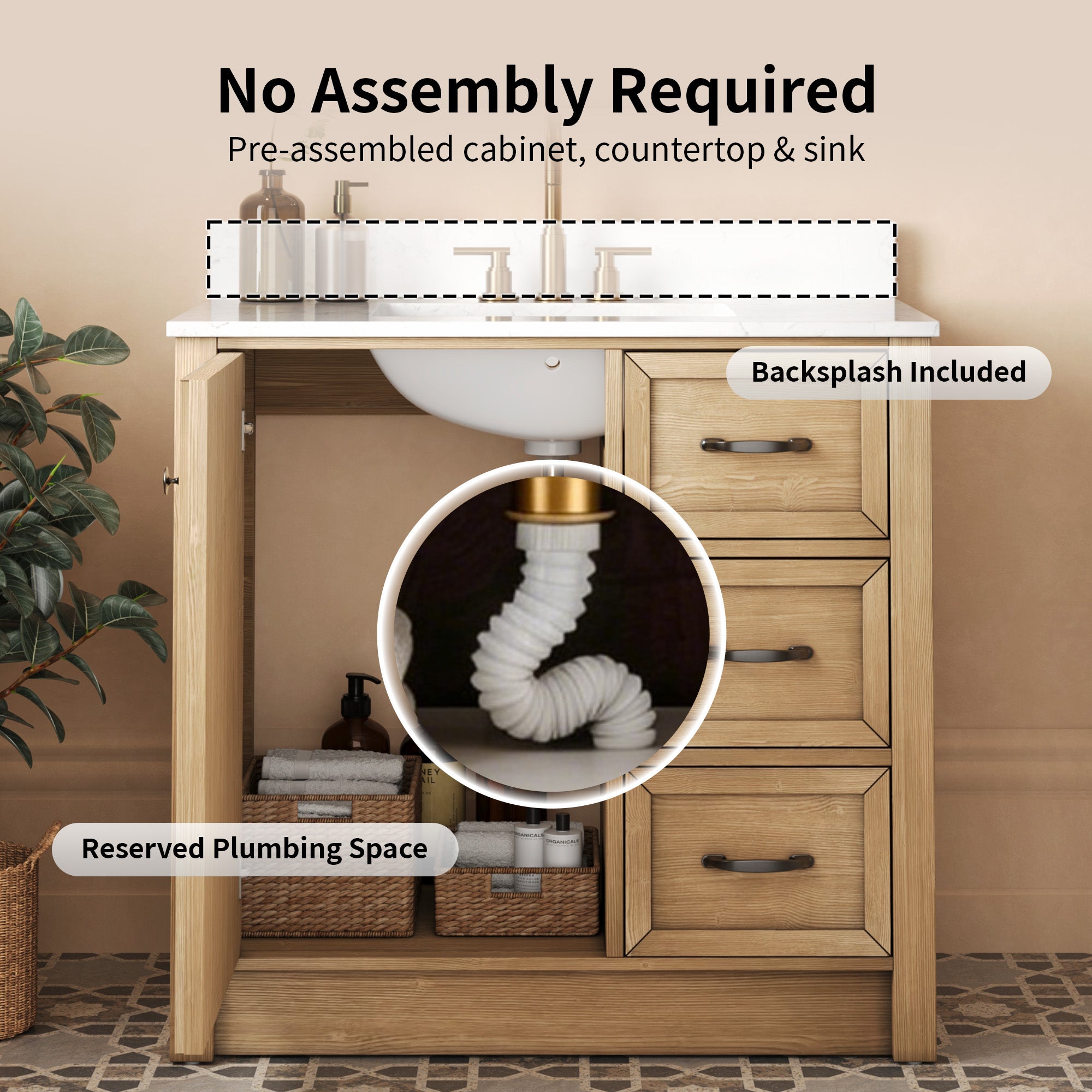 DeerValley DV-1BV0541NW Farmhouse Vanity, Natural Oak Rattan Accent, 36-in Assembled