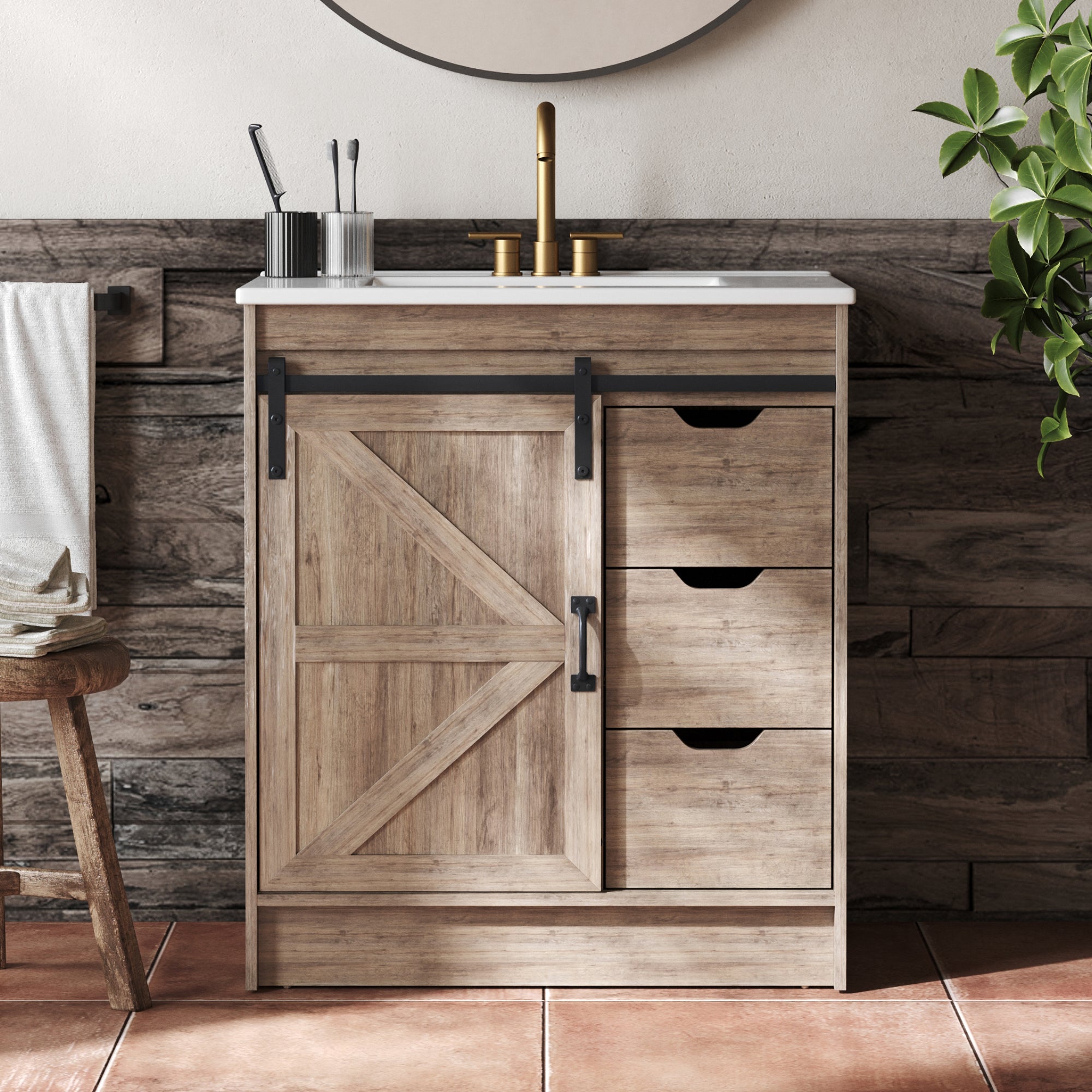 DeerValley DV-1BV0546W Freestanding Antique Oak Bath Vanity with Soft-Close Drawers & Integrated Ceramic Top