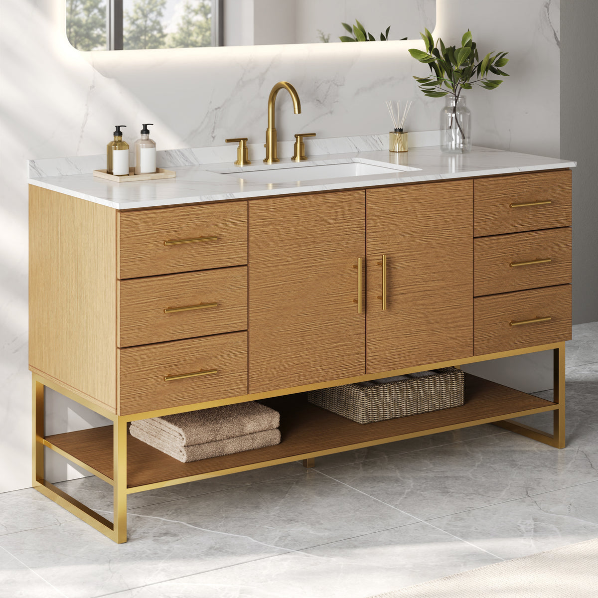 DeerValley DV-1BV0598NW Bathroom Vanity with Sink, Natural Wood & Stone Top