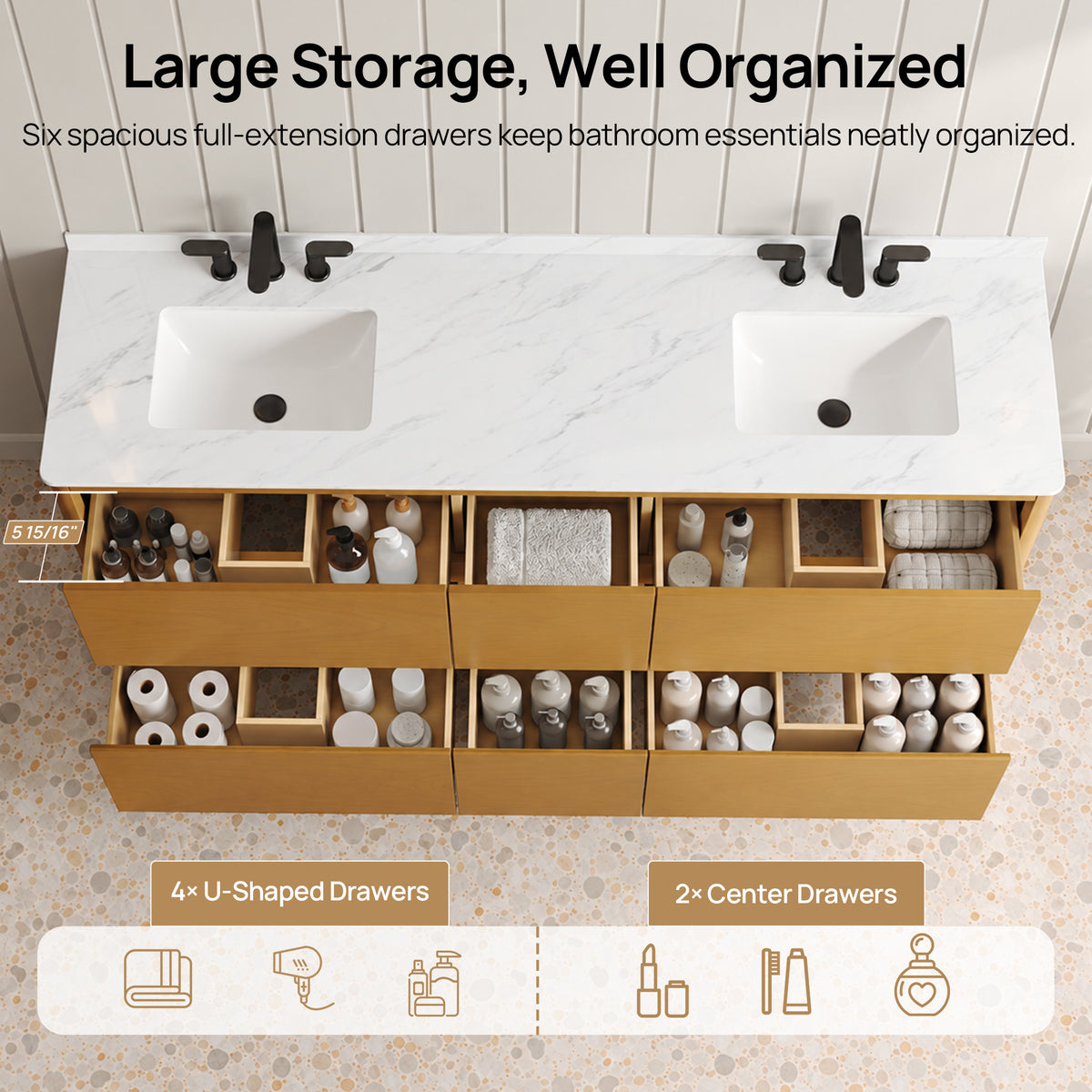 DeerValley DV-1BV0599NW Bathroom Vanity, Easy Setup, Double Sinks & 6 Drawers