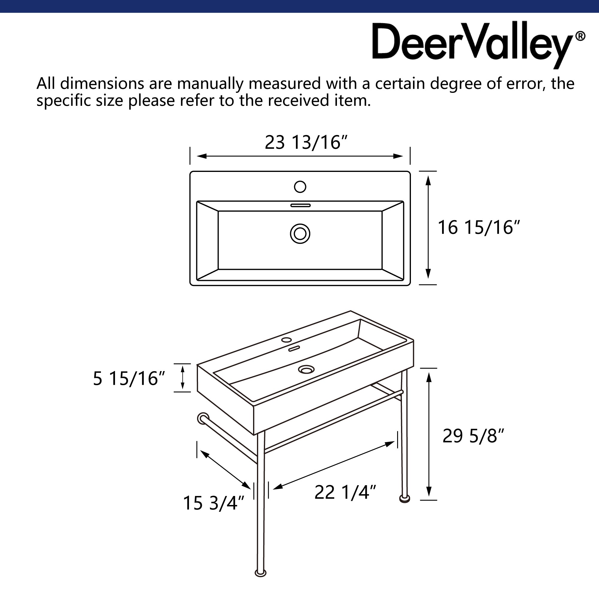 24" Rectangular Console Bathroom Sink, Single Faucet Hole